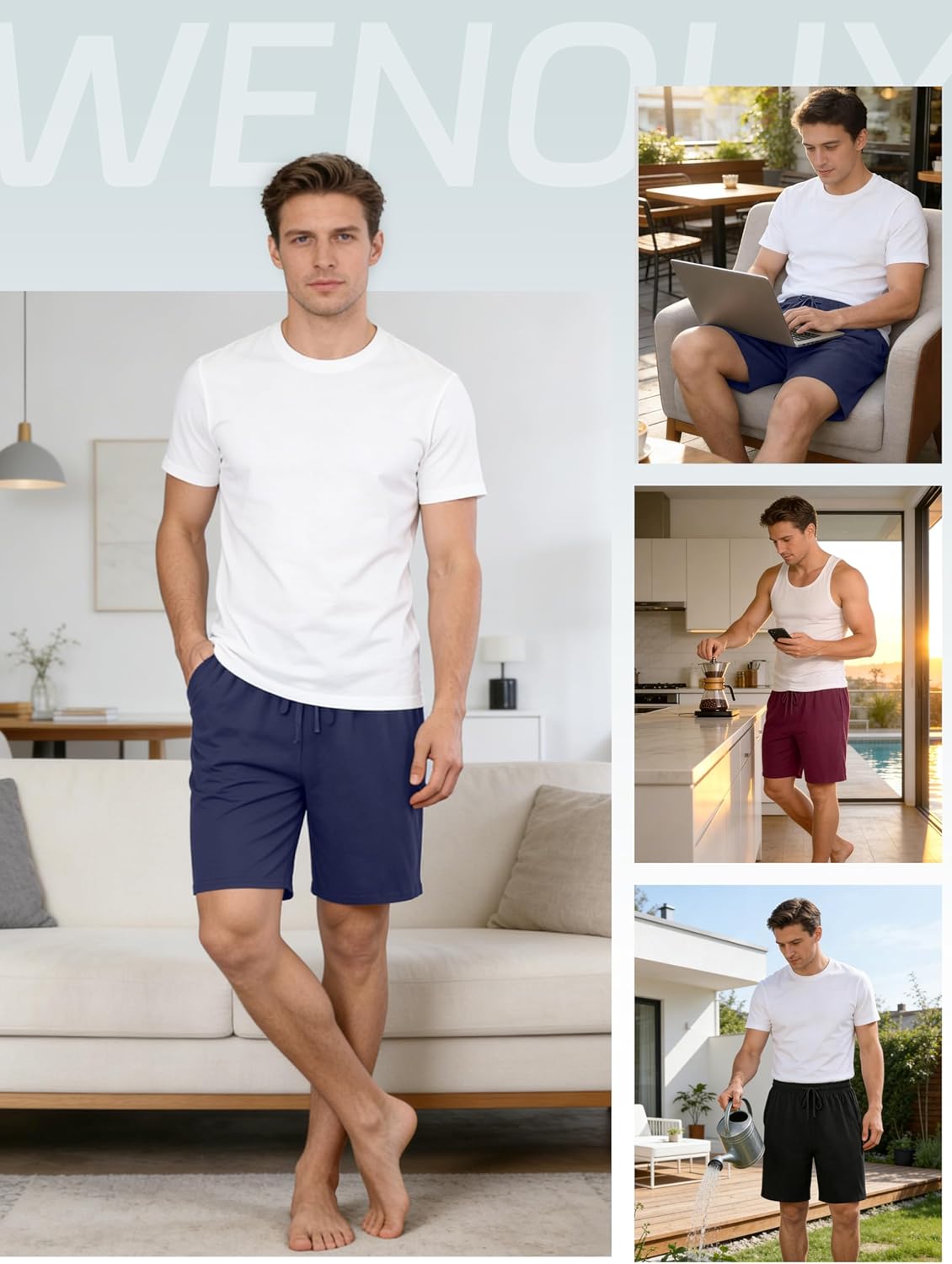 3 Pack Mens Cotton Pajama Shorts Soft Comfortable Lounge Shorts with Drawstring & Two Pockets Sleep Bottoms for Men