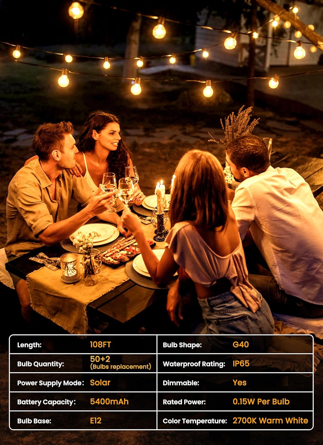 Brightown 108FT 52LED Solar String Lights Outdoor with Remote & USB Port, Shatterproof Bulbs, Dimmable & Timable, 3 Modes, Patio Lights Solar Powered with Mount Clips for Camping Backyard Garden Decor