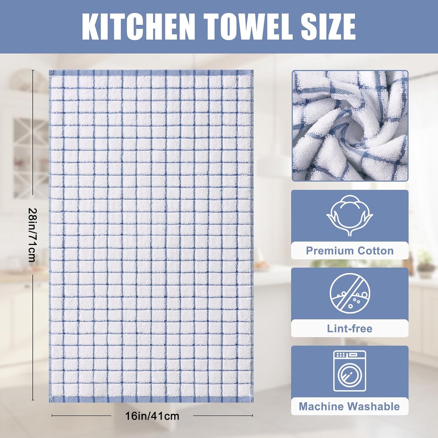 Homaxy Premium Kitchen Towels(16”x 28”, 6 Pack), Large Ring Spun Cotton Dish Towels, Super Absorbent Soft Terry Kitchen Hand Towels, Check Design Tea Towel Set with Hanging Loop, Navy Blue