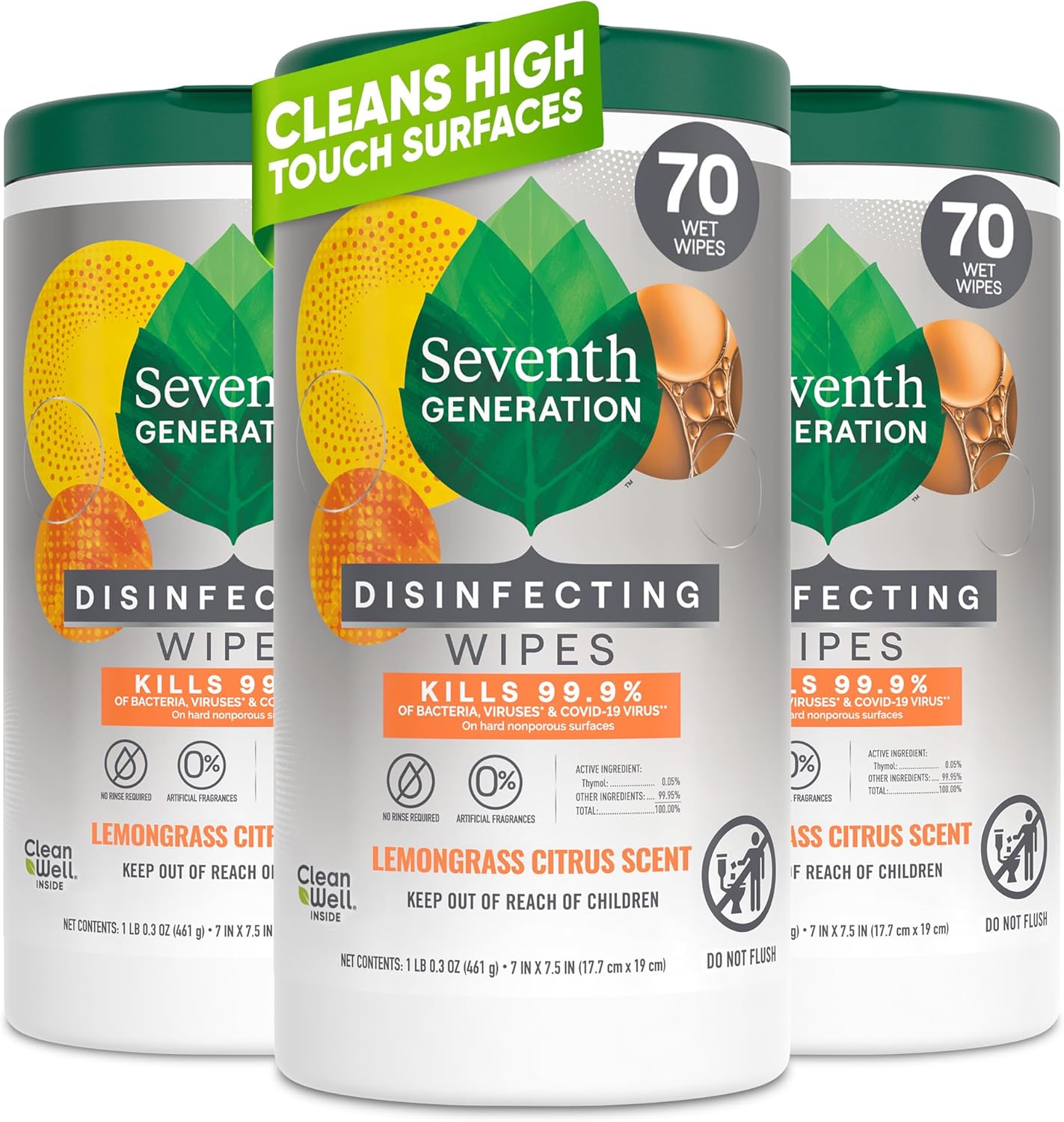 Seventh Generation Disinfecting Wipes, Lemongrass Citrus, 70 Count, 3 Pack, Botanical Multi-Surface Cleaner Kills 99.9% Germs, No Bleach, Plant-Based Formula for Home, Kitchen, Bathroom, Car Interior