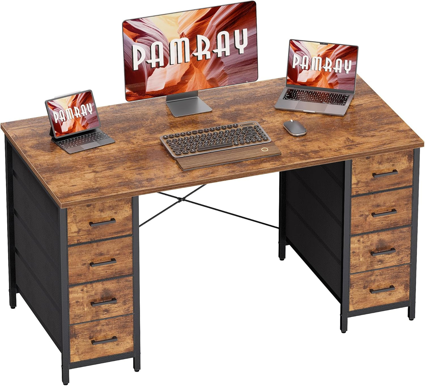 Pamray 47 Inch Computer Desk with 8 Fabric Drawers PC Gaming Desk Home Office Study Work Writing Table for Bedroom Marble