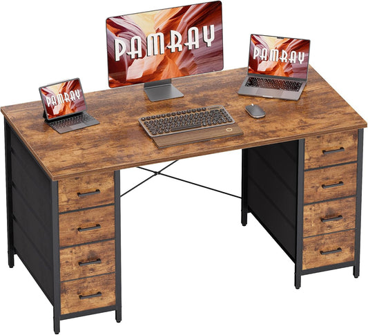 Pamray 47 Inch Computer Desk with 8 Fabric Drawers PC Gaming Desk Home Office Study Work Writing Table for Bedroom Vintage