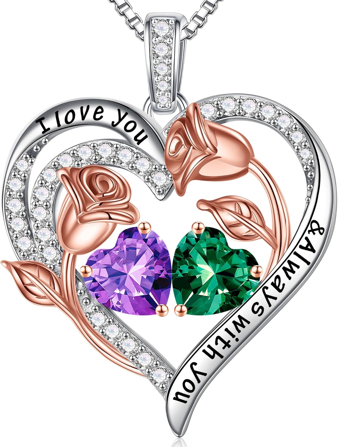 Iefil Birthstone Necklace for Women - Rose Heart Necklace