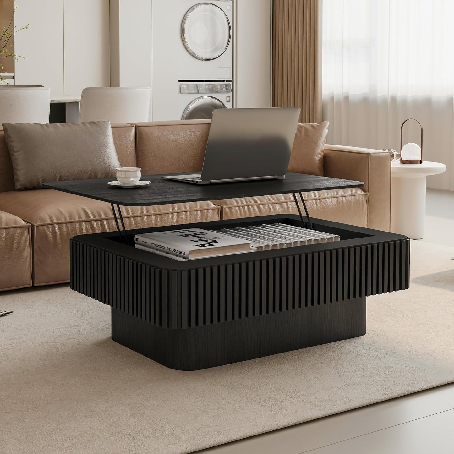 38.6'' Lift Top Coffee Table with Hidden Compartment, Modern Rectangular Fluted Wooden Center Table Cocktail Tea Table with Storage and Adjustable Height for Living Room Apartment, Black