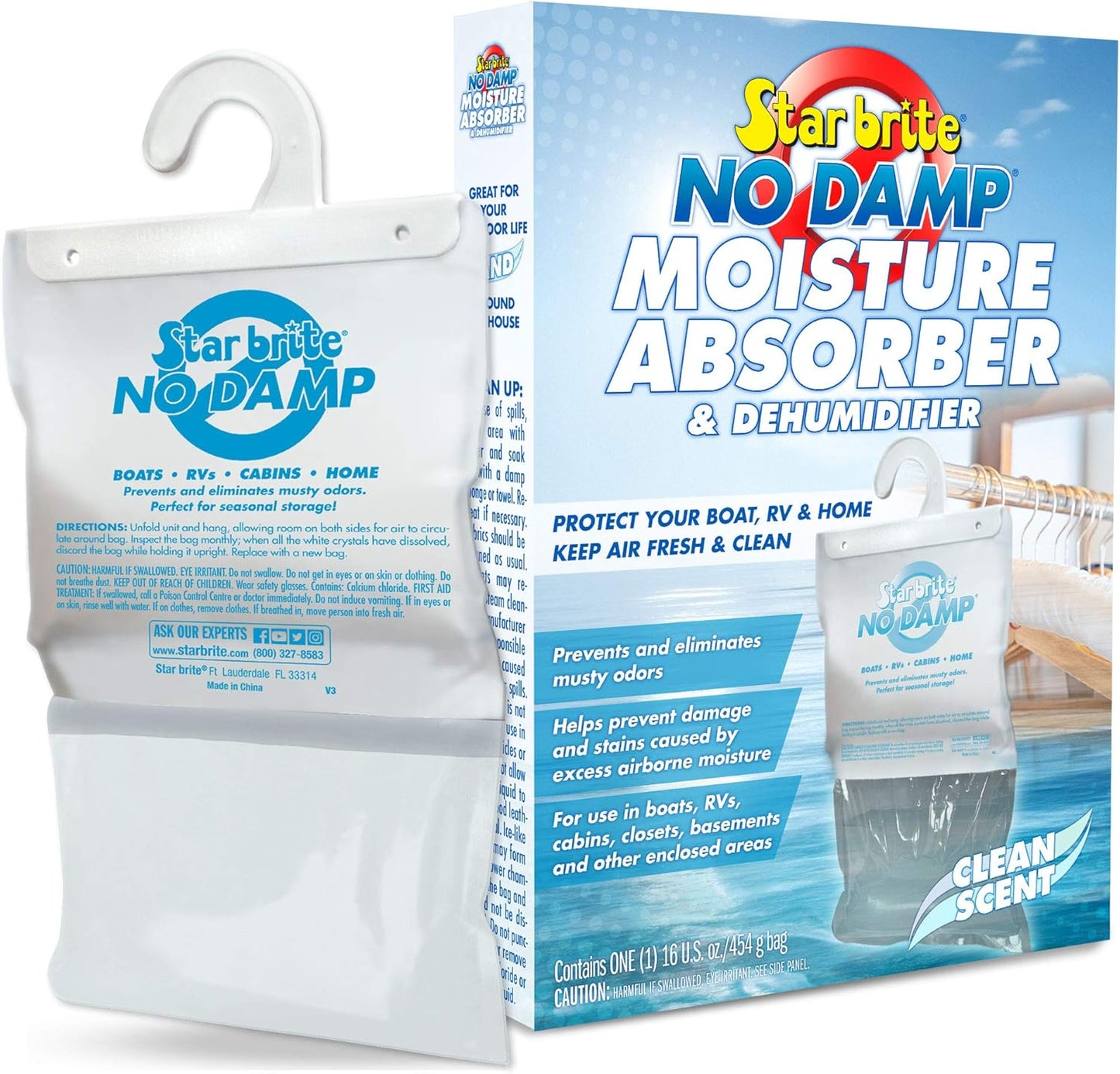 STAR BRITE No Damp Moisture Absorber & Dehumidifier Hanging Bag - Simple, Portable, Humidity Control for Boats, RVs, Seasonal Homes & More - Prevent Odor & Moisture Damage - 16 OZ (085470)