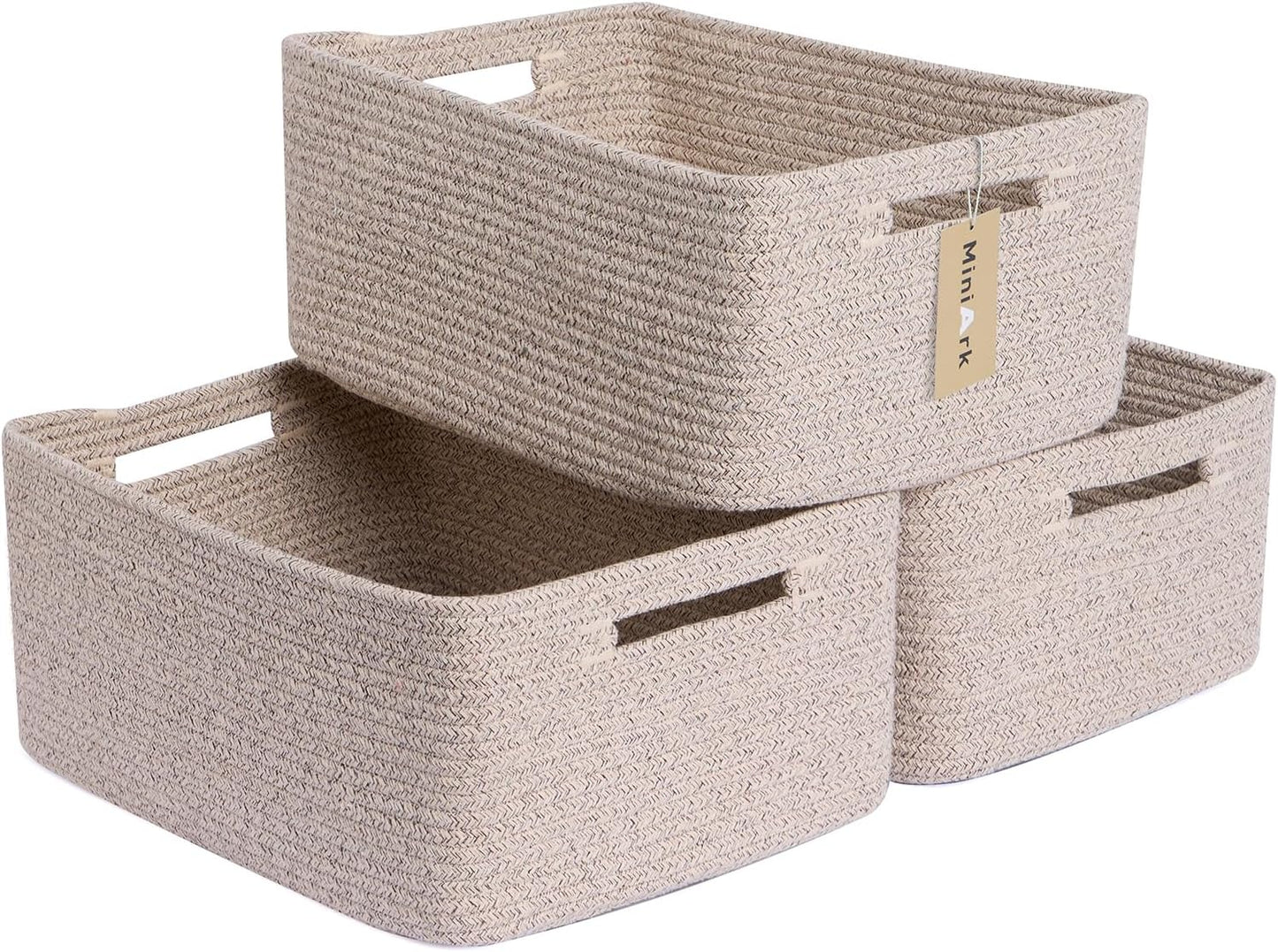 MiniArk Large Storage Baskets for Shelves, 17 x 13 x 7.5” Closet Organizers Bins for Clothes Blanket Towels, Baby Nursery, Toy Baskets Box, Woven Rope Baskets, 3 Packs Mixed Brown