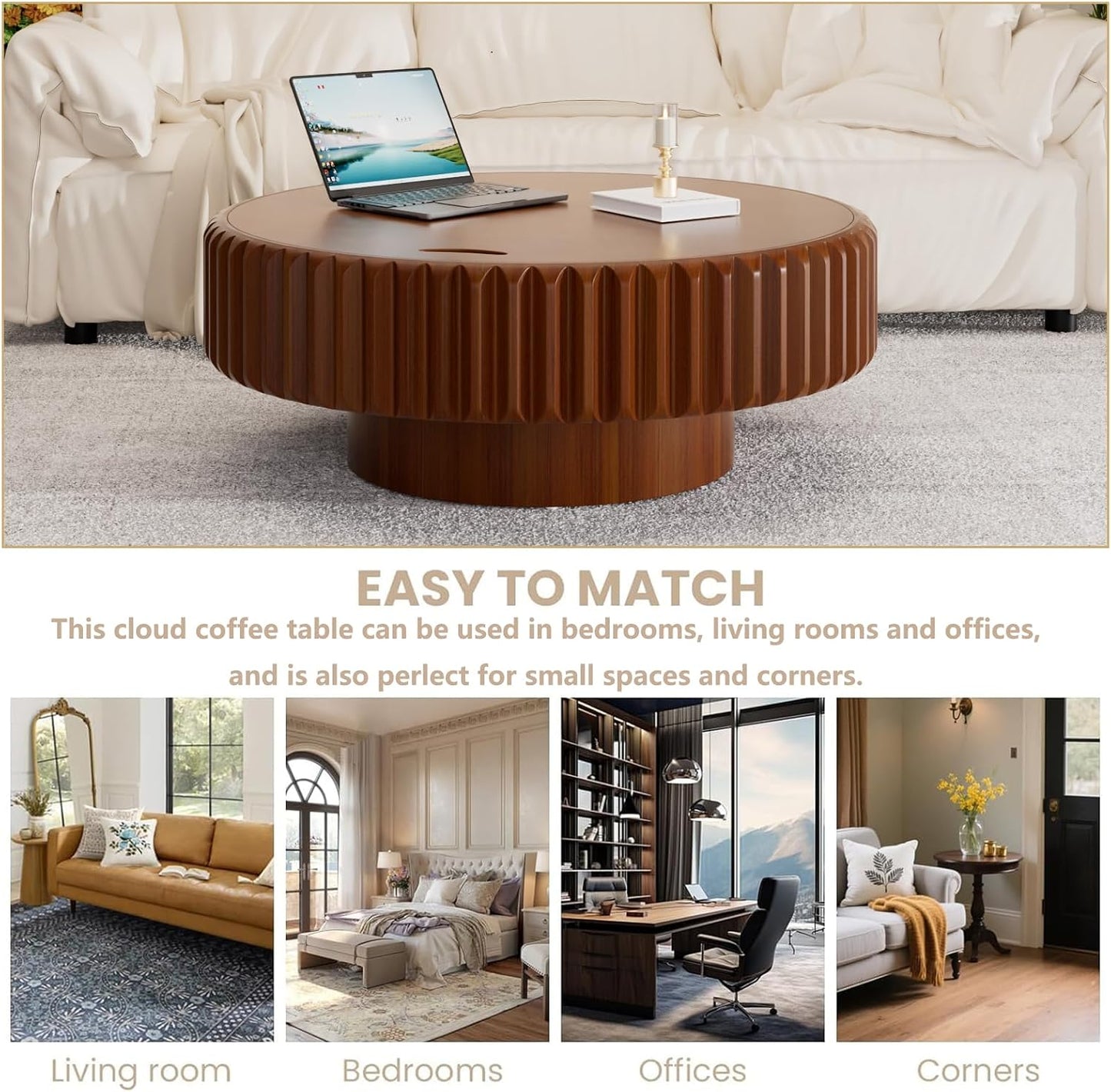 31.5'' Round Coffee Table with Storage for Living Room, Modern Circle Drum Fluted Coffee Table with Wood Veneered Circle Center Tables for Small Space Apartment (A31.5IN)