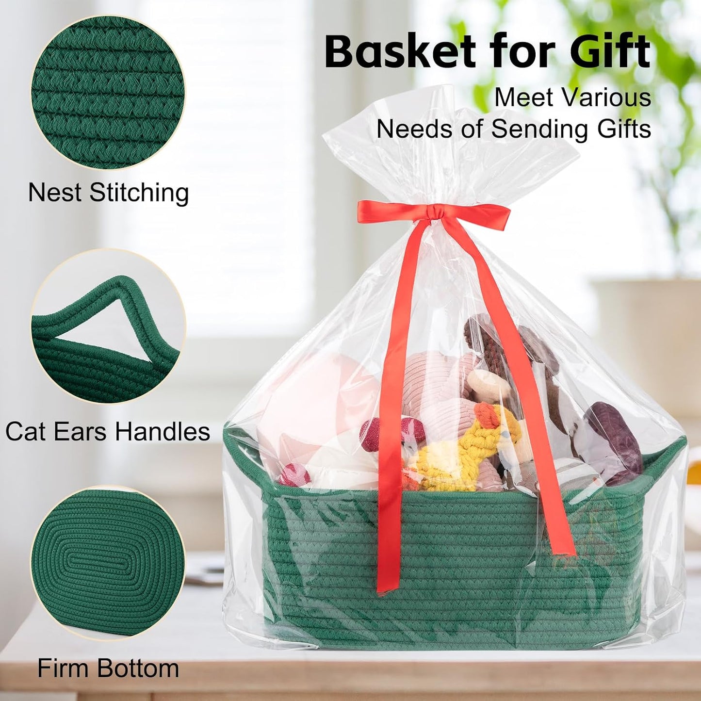 OIAHOMY Woven Basket, Gift Basket Empty with Gift Bags and Ribbons, Rope Baskets for Baby Showers, Storage Baskets with Handles for Nursery, Pet Toy Organizer - Green