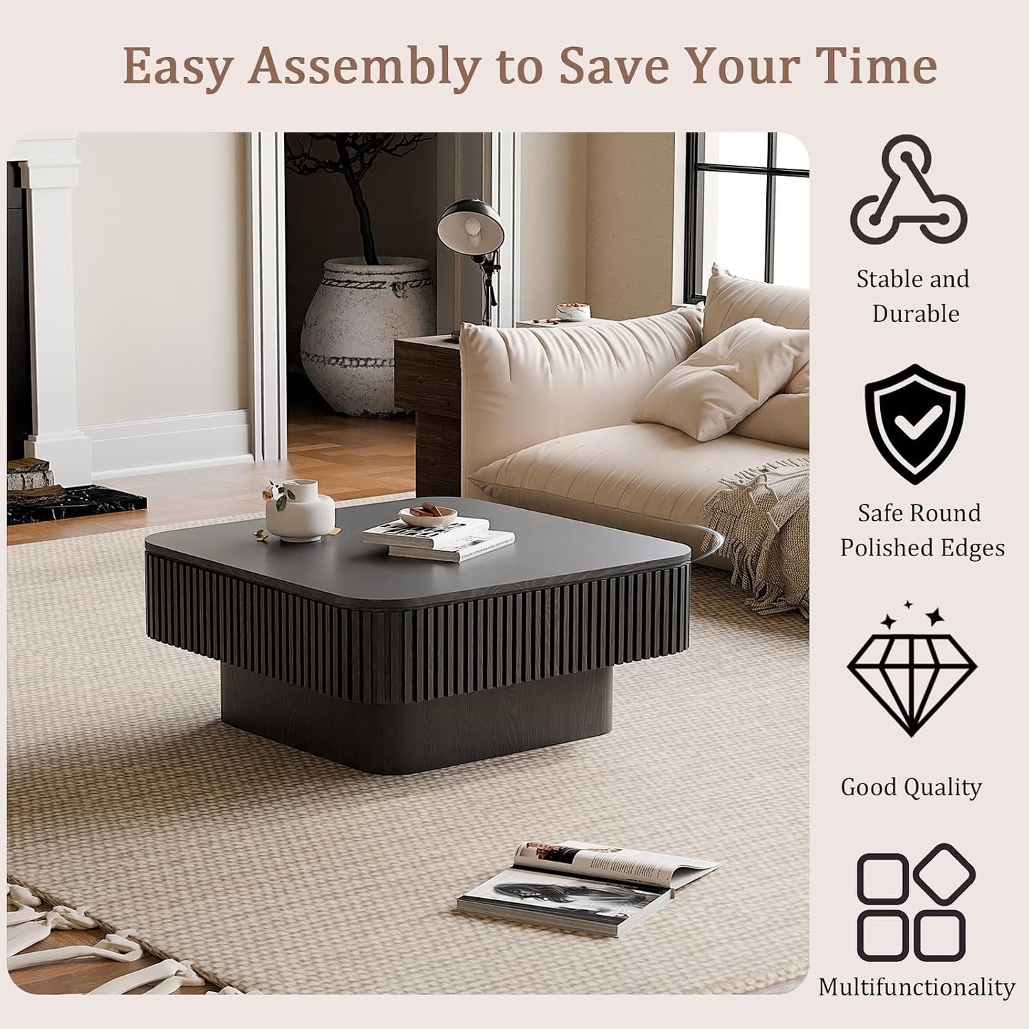 31.5" Square Coffee Table with Hidden Storage Compartment, Modern Handcraft Fluted Drum Coffee Table, Wooden Square Center Table Cocktail Tea Table with Sturdy Pedestal for Living Room, Black