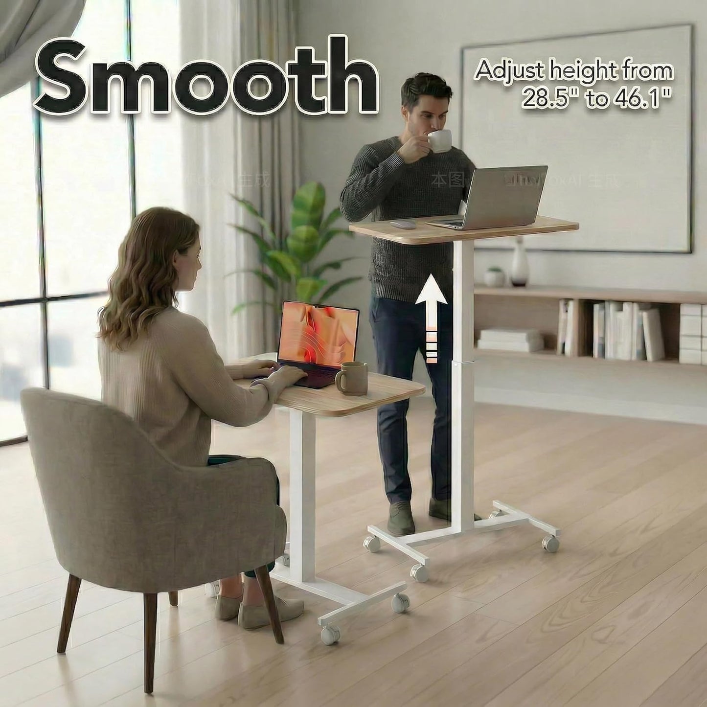 HUANUO Small Rolling Laptop Standing Desk, Height Adjustable Mobile T-Base Desk with Lockable Casters, Portable Sit-Stand Workstation for Bedside & Sofa, Light Walunt