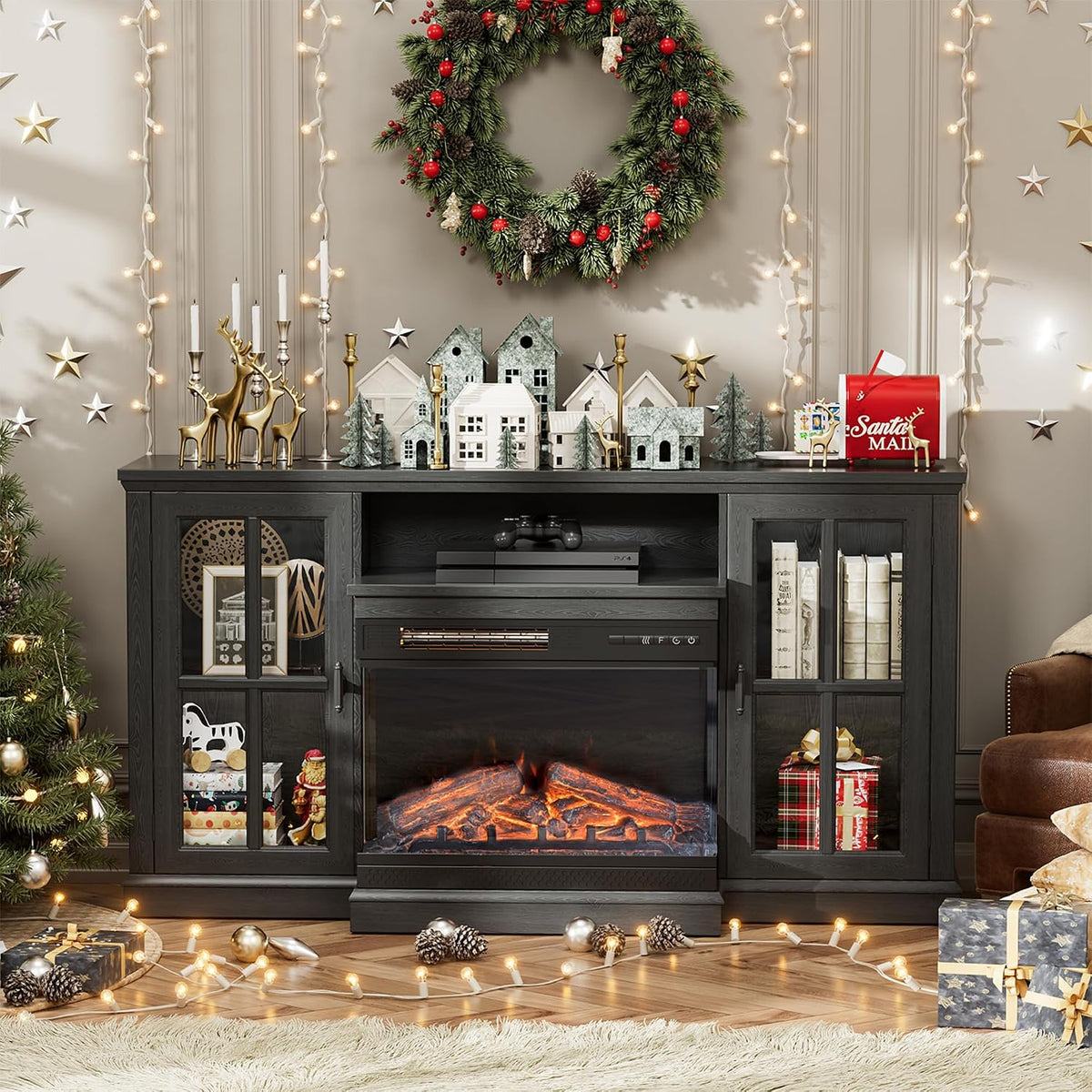 JUMMICO Fireplace TV Stand up to 65", 3-Sided Glass, Black | Entertainment Center with Cabinet Storage, Adjustable Flame and LED Colors, Media Console for Living Room