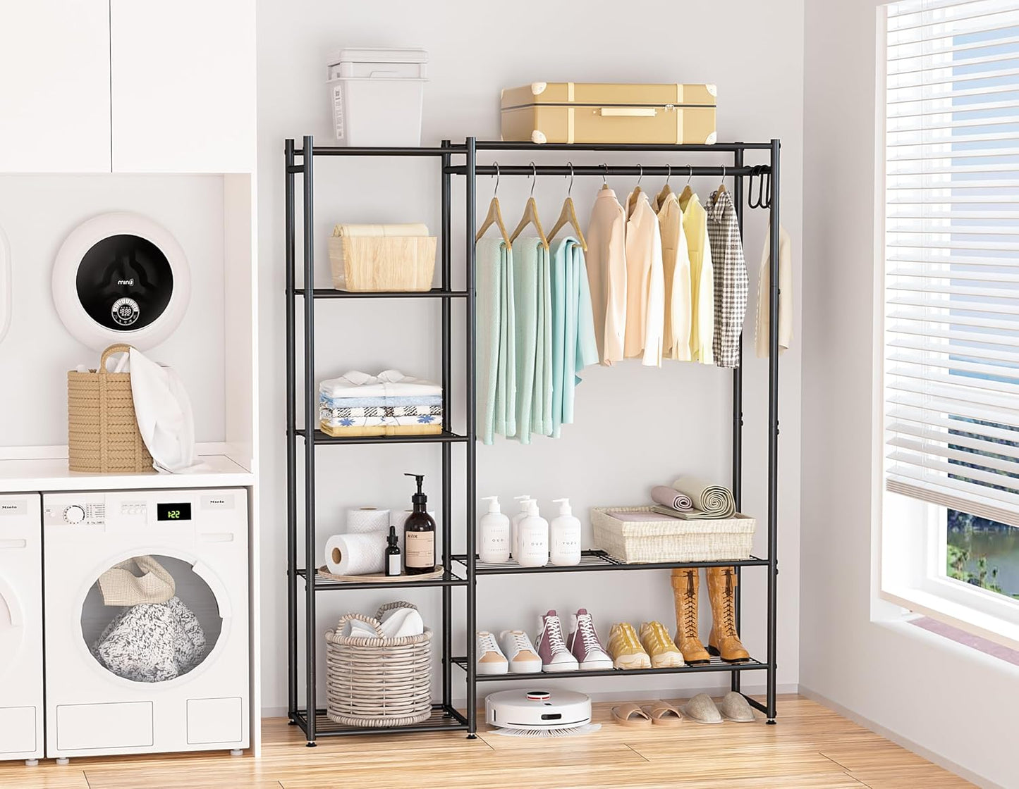 Neprock Wardrobe Closet, Portable Clothing Rack for Hanging Clothes, Free Standing Closet Organizers and Storage System with 4 Tiers Shelves for Cloakroom Bedroom, Black