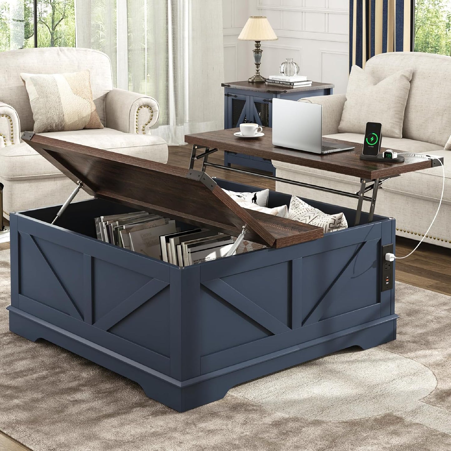 Hlivelood 40” Large Farmhouse Lift Top Coffee Table with Power Outlets and Large Hidden Storage, Square Wood Living Room Tables, Multi-Function Lift Wooden Barn Door Center Table, Blue