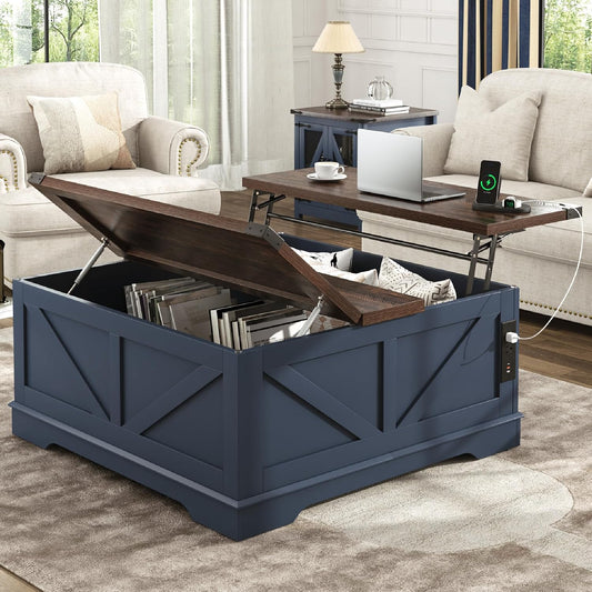 Hlivelood 40” Large Farmhouse Lift Top Coffee Table with Power Outlets and Large Hidden Storage, Square Wood Living Room Tables, Multi-Function Lift Wooden Barn Door Center Table, Blue