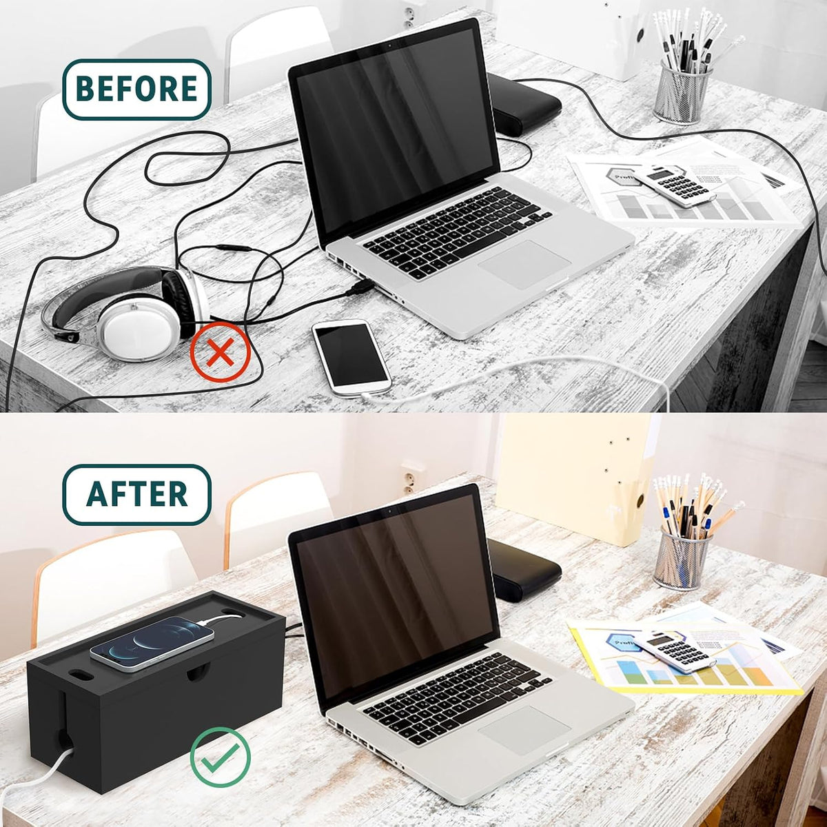 Bamboo Cable Management Box, Large Cord Organizer Box Cable Box to Hide Wires & Power Strips for Desktop Storage Cord Holder for Office Home,No Assembley Required (All Black, 1Medium)