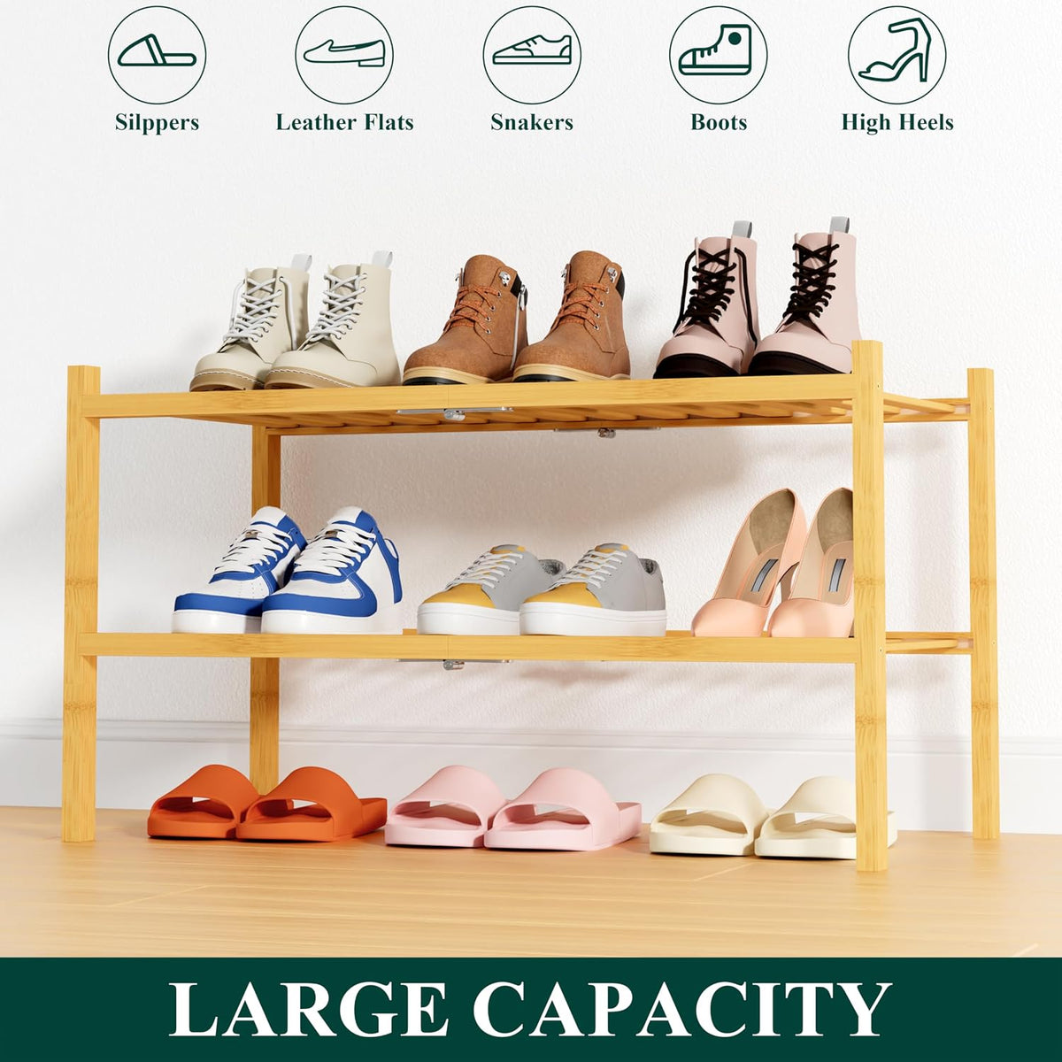 Smiry Bamboo Shoe Rack, 14 Vertical Slats, 2 Tier - 26.8" Wide, Natural