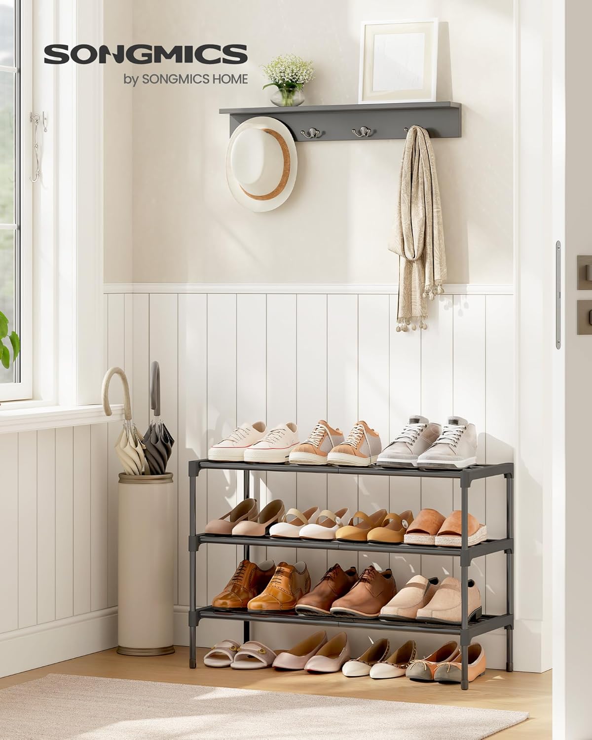 SONGMICS 3-Tier Shoe Rack for Closet, Compact Metal Shoe Organizer Shelf for Entryway, Bedroom, Small Spaces, Stackable, 11.8 x 24.5 x 19.1 Inches, Black ULSA123BH01