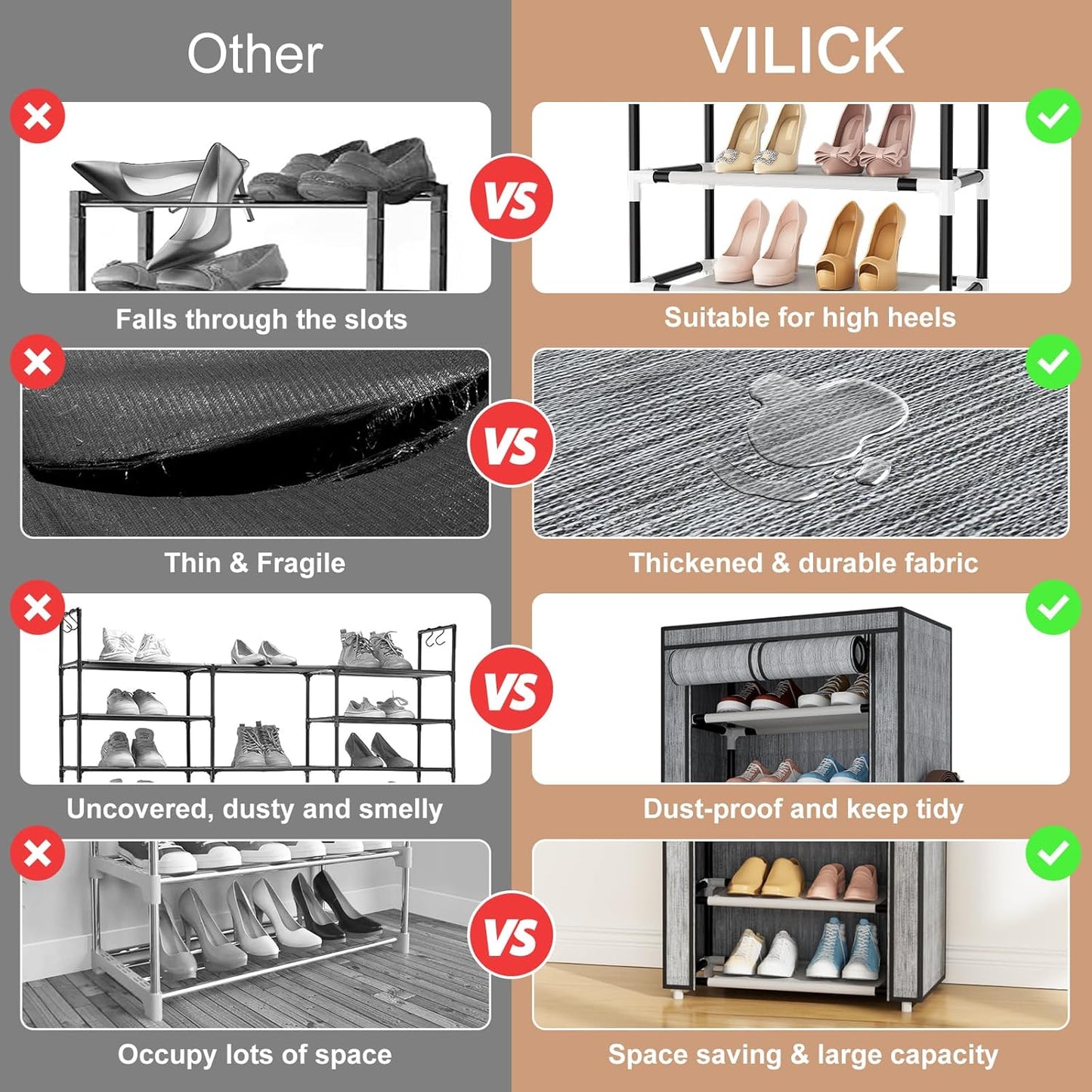 VILICK Shoe Rack with Cover Narrow Shoe Rack Organizer with 4 Side Pockets 10 Tier Tall Shoe Storage Shoe Shelf Holds 18-22 Pairs Shoes and Boots Shoe Rack for Closet, Printing