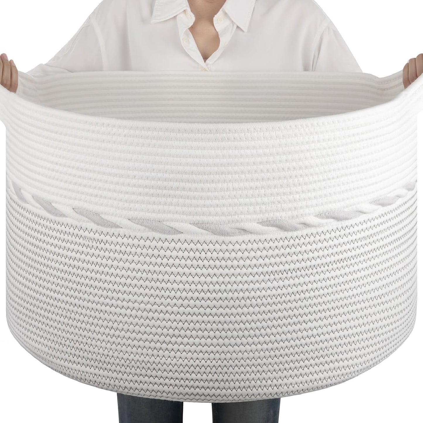 OIAHOMY 90L Extra Large Blanket Basket - Decorative Cotton Rope Storage Basket for Bedroom, Living Room & Nursery - Woven Laundry Hamper for Organizing Blankets, Clothes & Toys - Light Grey & White