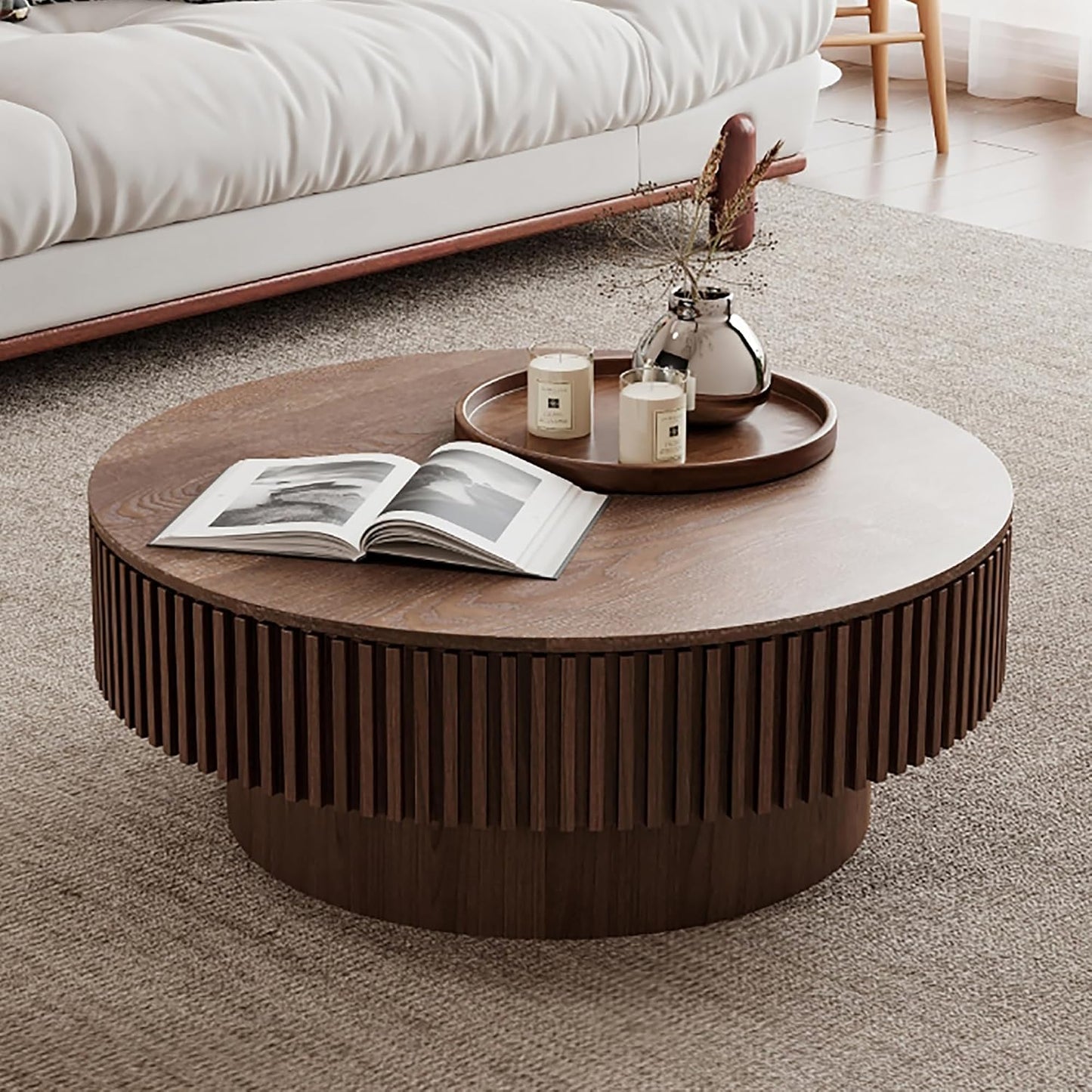 31.5" Round Coffee Table with Hidden Storage Compartment, Modern Handcraft Fluted Drum Coffee Table, Wooden Circle Center Table Cocktail Tea Table with Sturdy Pedestal for Living Room, Walnut