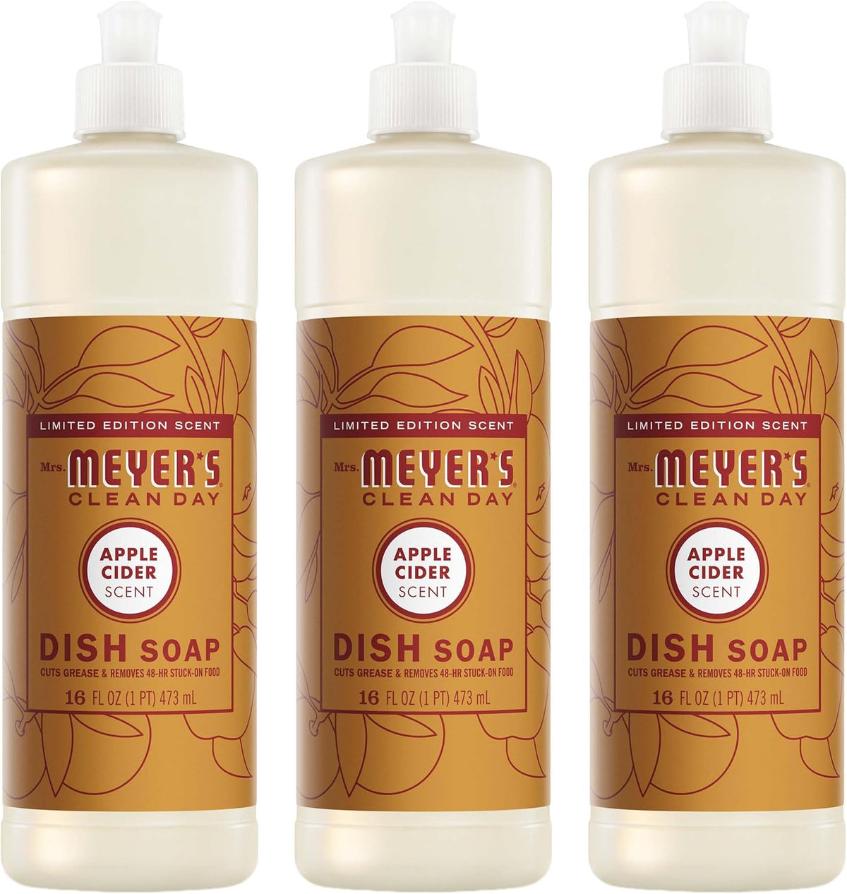 MRS. MEYER'S CLEAN DAY Liquid Dish Soap, Apple Cider Scent, 16 Fl Oz Bottle - 3 Pack