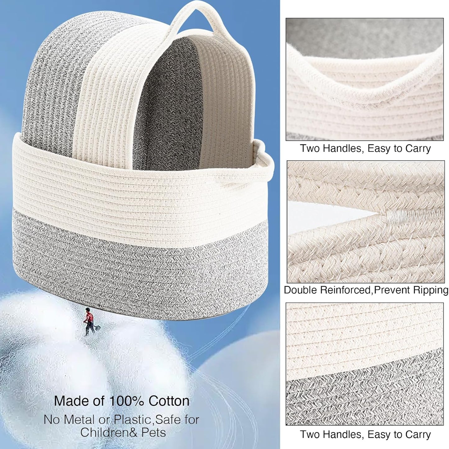 DUHEL Cotton Rope Woven Storage Basket(White&Grey-3PCS) | Used for Baby Hamper Toy Organizer, Gift Baskets Empty,Kids,Baby,nursery. Size 15x10x8.7 Inches.