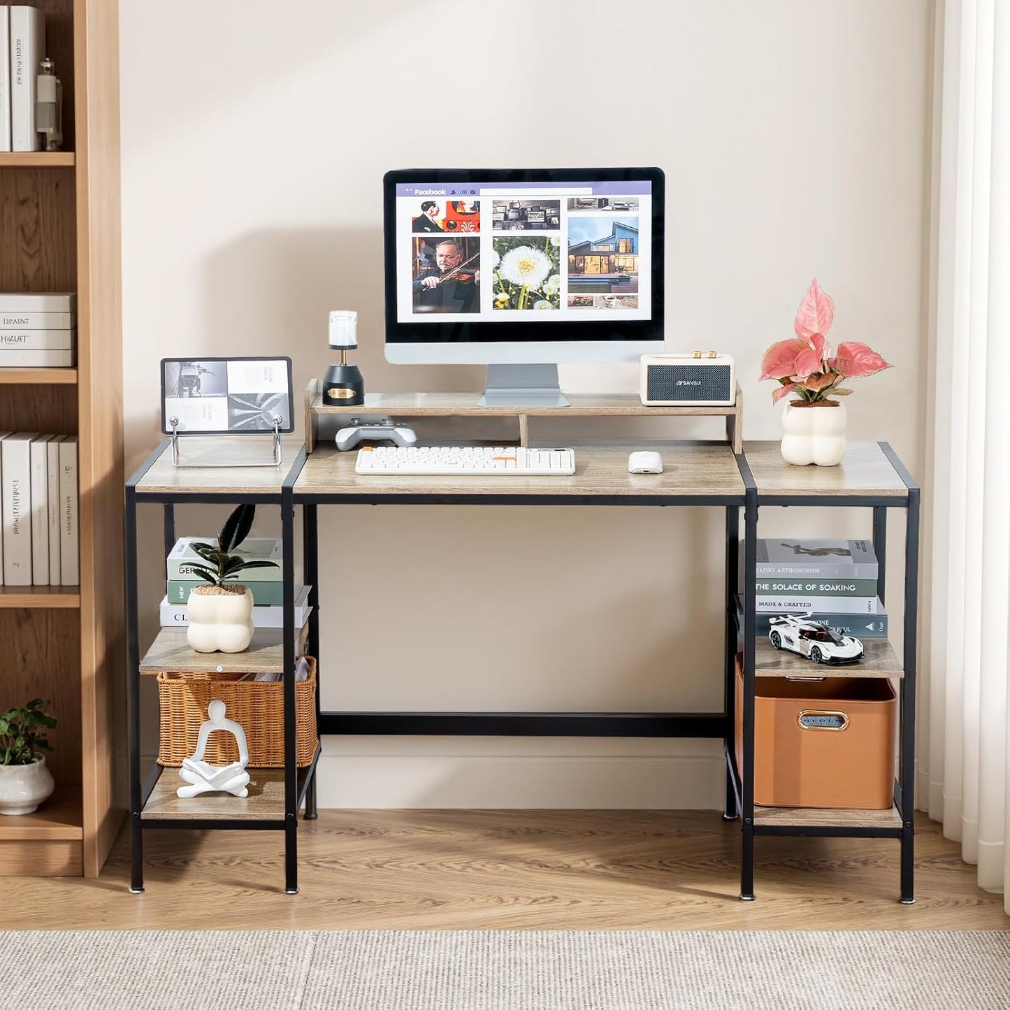 MINOSYS Gaming/Computer Desk - 47” Home Office Small Desk with Monitor Stand, Rustic Writing Desk for 2 Monitors, Adjustable Storage Space, Modern Design Corner Table.
