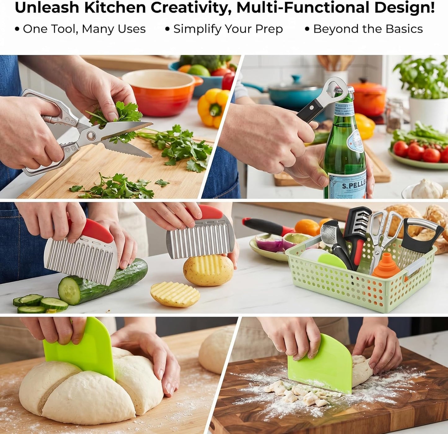 13-Piece Kitchen Gadget Set (Includes Storage Basket) — Features Kitchen Shears, Garlic Press, Knife Sharpener, Julienne Peeler, Standard Peeler, Anti-Scald Tongs, and Bottle Opener — A Home Essential