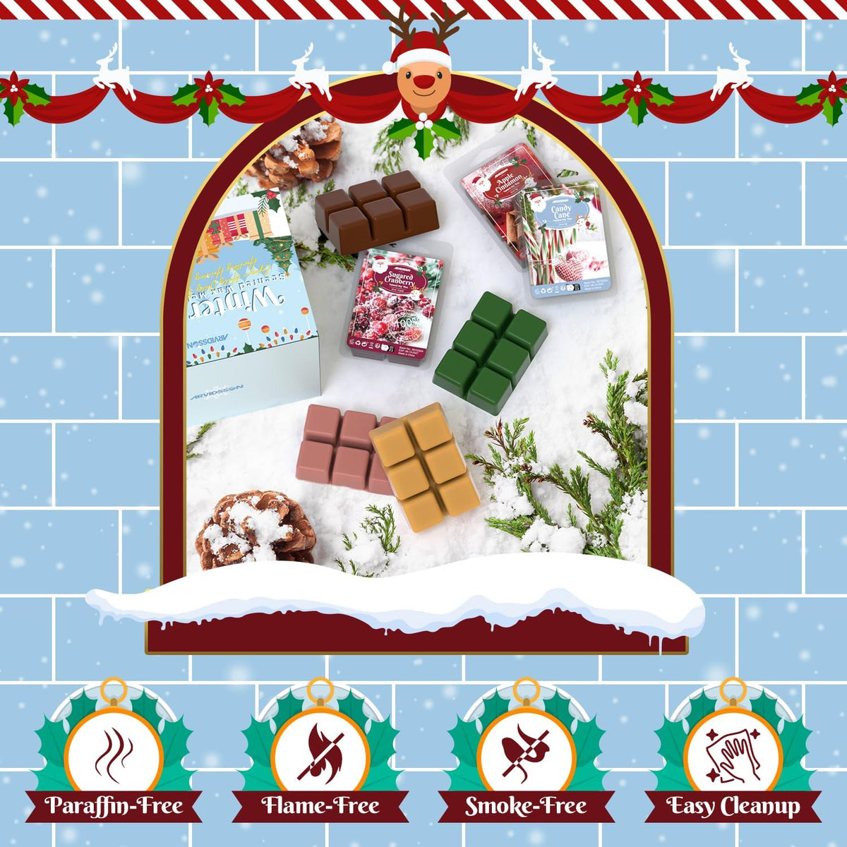 ARVIDSSON Winter Scented Wax Melts, Holiday Soy Wax Cubes for Wax Warmer, Strong Scent Fragrance Wax Tarts, Candle Melts Gift Set, Apple Cinnamon, Christmas Wreath, Gingerbread, Candy Cane, Cranberry