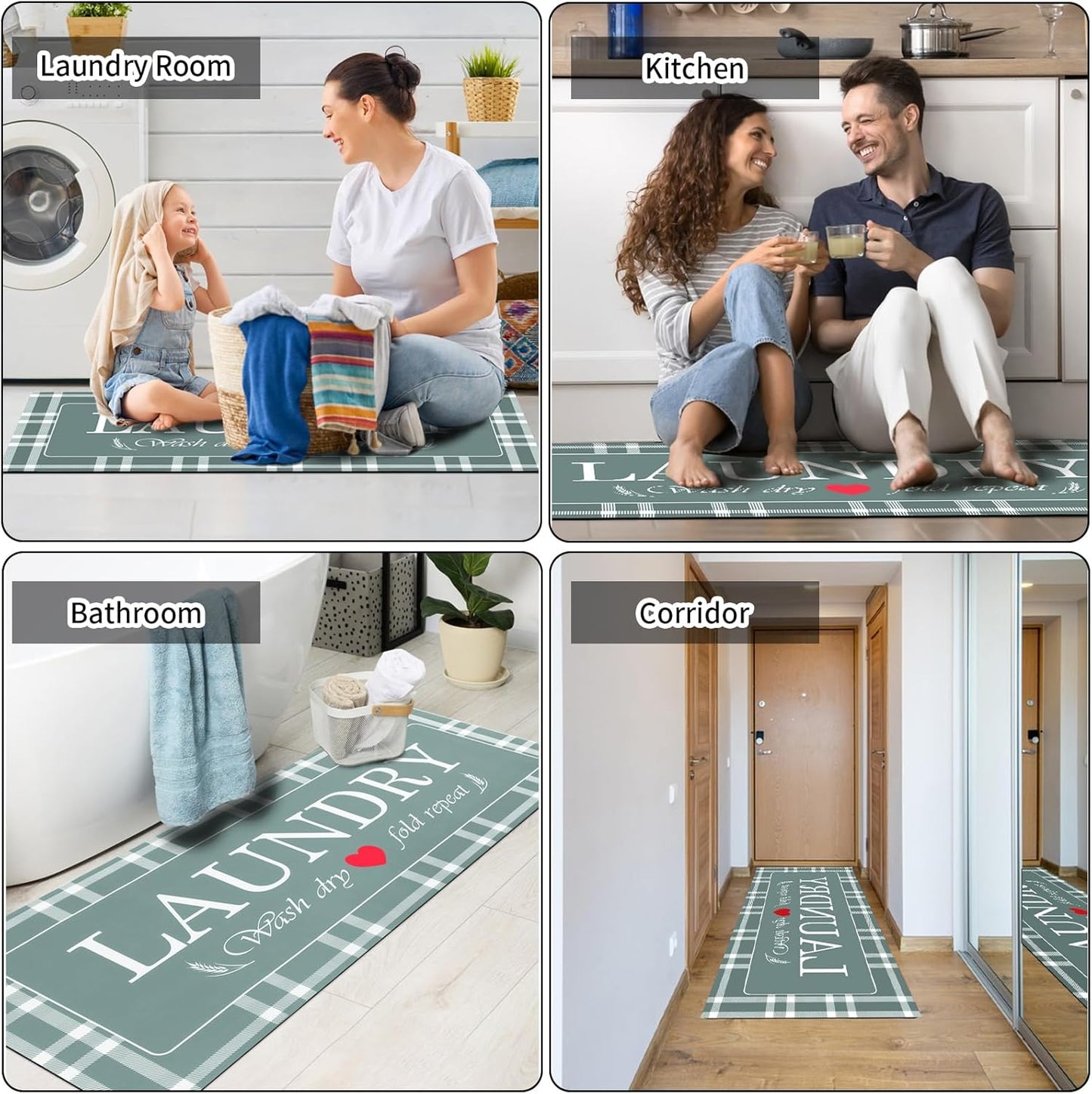 XLHOMO Laundry Room Rug Runner, 17"x47" Buffalo Plaid Non Slip Teal Laundry Rugs, Farmhouse Washable Floor Laundry Mats for Laundry Room, Mudroom, Kitchen, Washroom, Bathroom, Entryway Rugs Decor