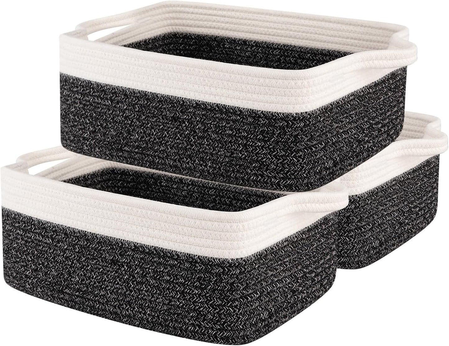 OIAHOMY 3 Pack Storage Baskets for Organizing, Woven Cotton Rope Basket for Shelves, Closet Organizer Bins with Handles, Rectangle Toy Organization, 13.78''×9.84''×5.5'', Brown & Black