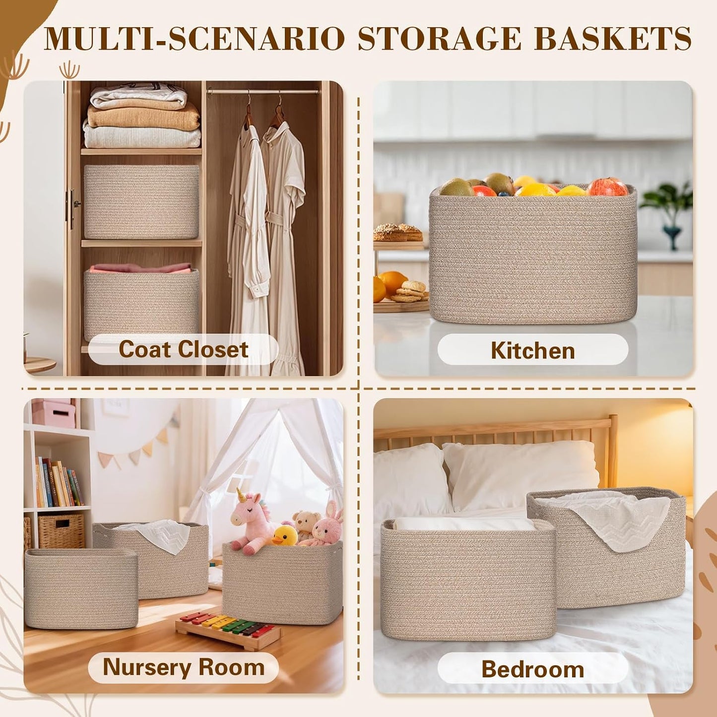 Baskets for Organizing,Storage Baskets,3 Pack Baskets for Shelfves,15"×10"×9" Woven Brown Basket,toy storage bins,bins for organization