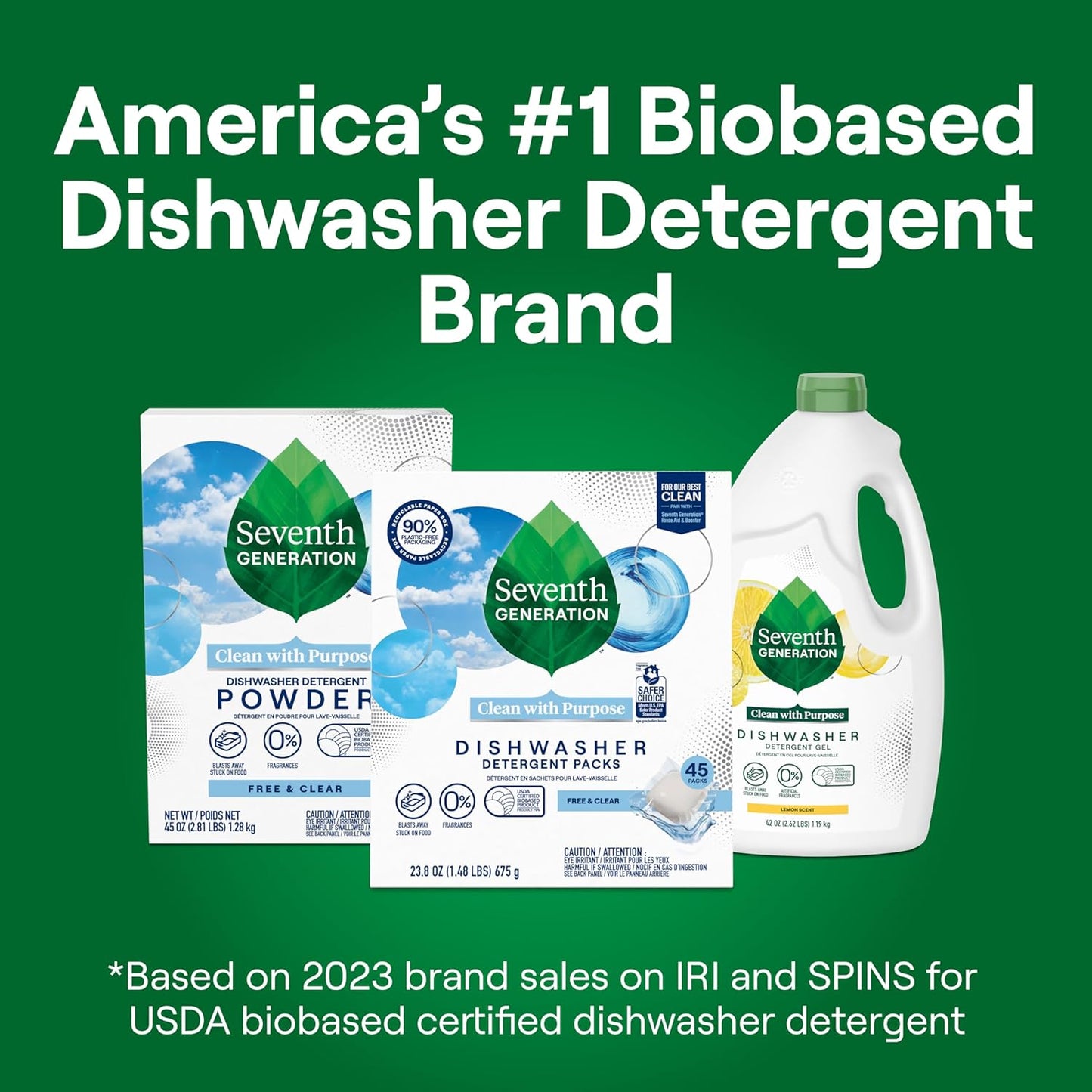 Seventh Generation Dishwasher Detergent Packs, Free & Clear, 72 Count, Pack of 1, Plant Powered Cleaning, Fights Greasy Reside & Stuck-On Food For Sparkling Dishes, Fragrance-Free & Septic Safe
