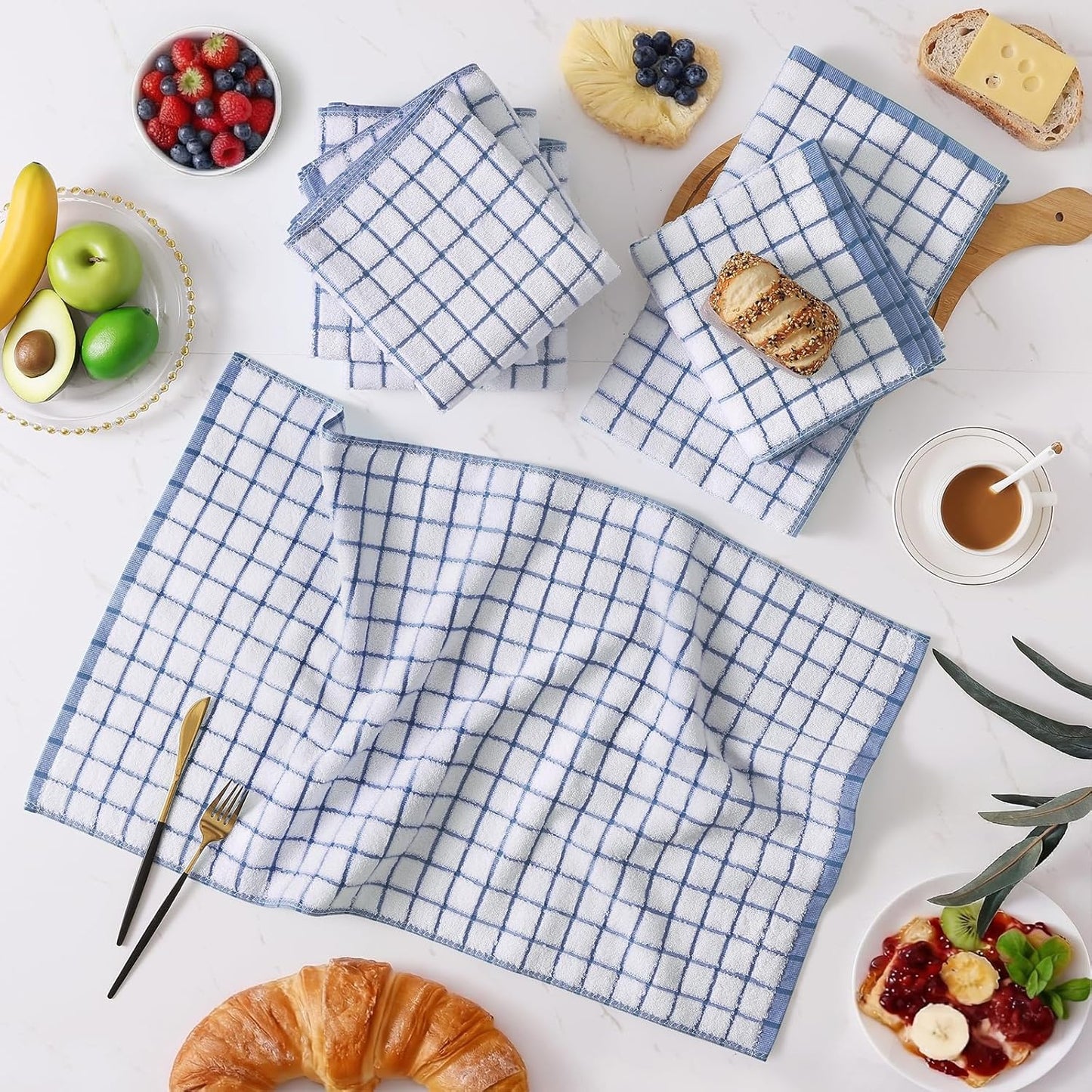 Homaxy Premium Kitchen Towels(16”x 28”, 6 Pack), Large Ring Spun Cotton Dish Towels, Super Absorbent Soft Terry Kitchen Hand Towels, Check Design Tea Towel Set with Hanging Loop, Navy Blue