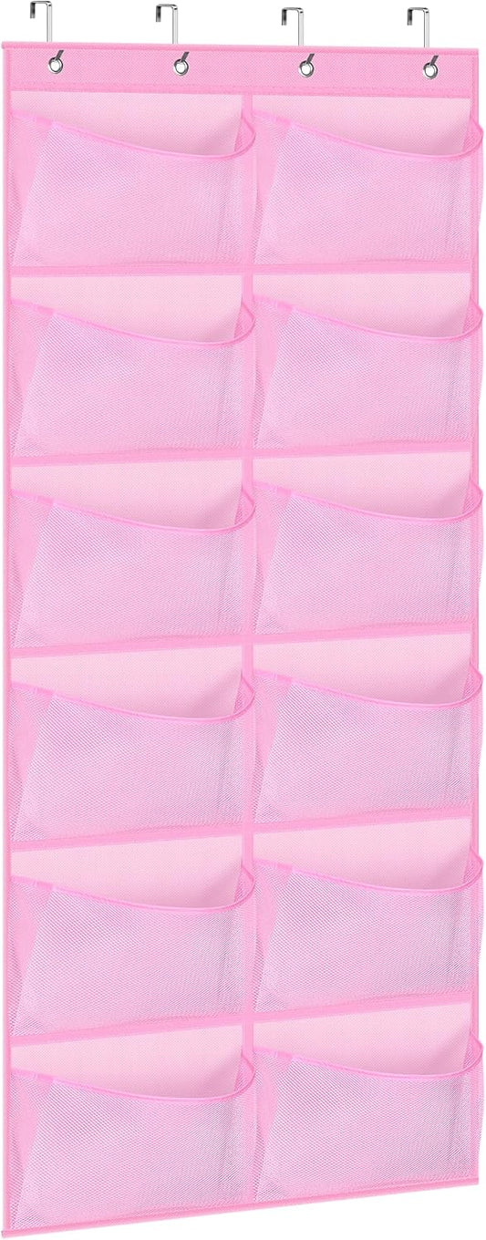 KIMBORA 12 Large Mesh Pockets Over the Door Shoe Organizer for Closet Hanging Shoe Rack for Door Sneaker Hanger Boot Storage for Kids, Baby, Toddler, Girl, Pink