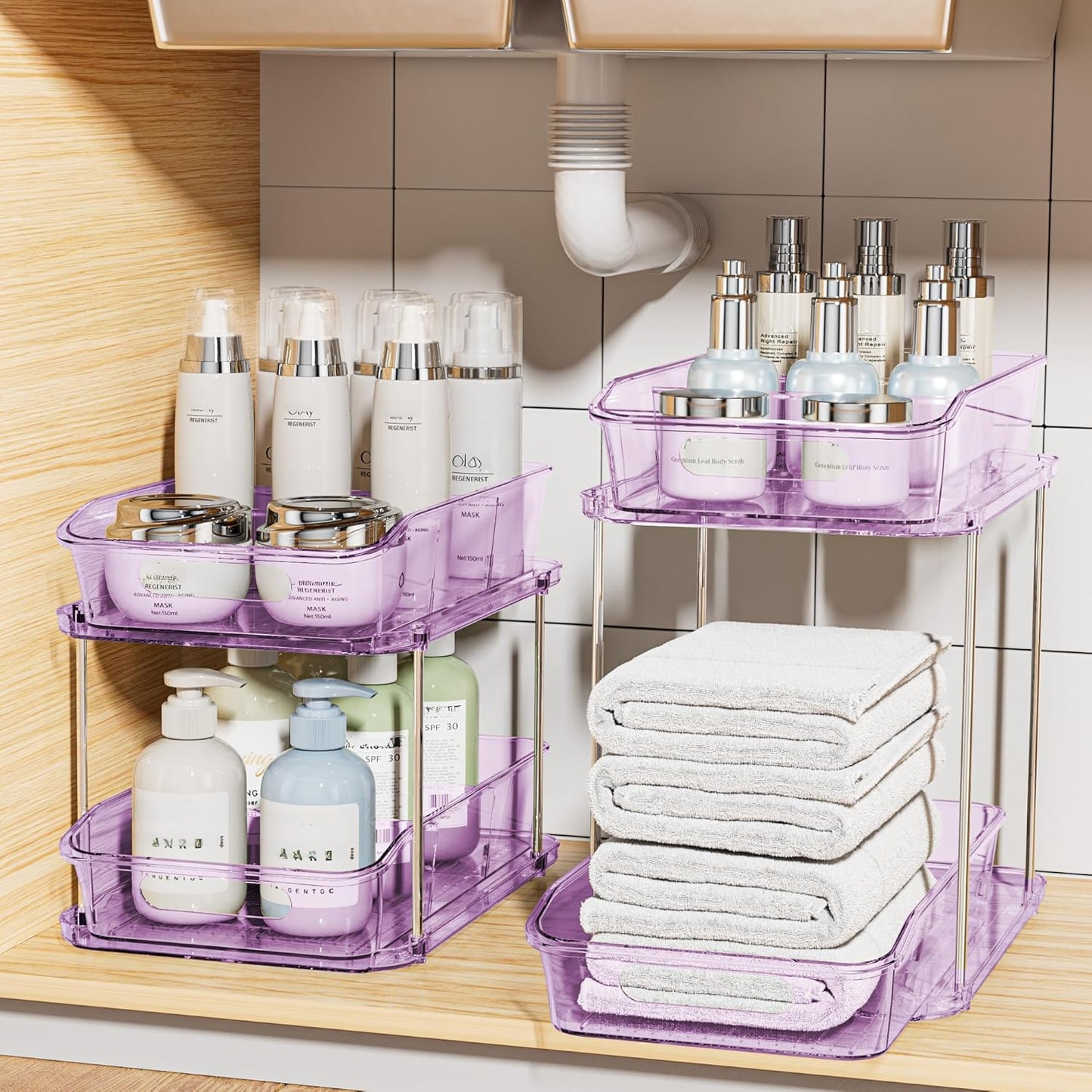 Delamu 2-Tier Under Sink Organizers and Storage, Multi-Purpose Stackable Bathroom Cabinet organizers, Pull Out Kitchen Pantry Organization and Storage with Dividers(2 Pack, Purple)