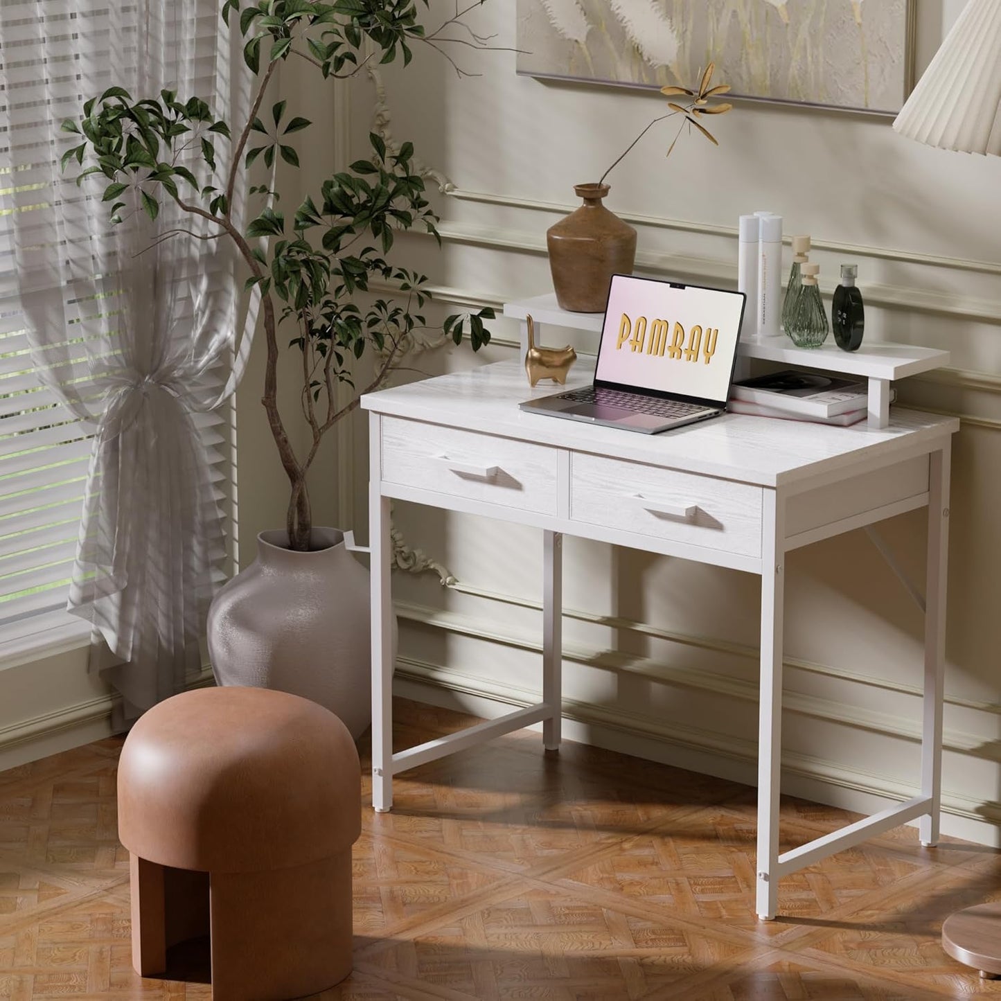 Pamray 32 Inch Small Computer Desk with Monitor Stand Home Office Desks with 2 Drawers for Bedroom Study Writing and Work Table for Small Spaces White