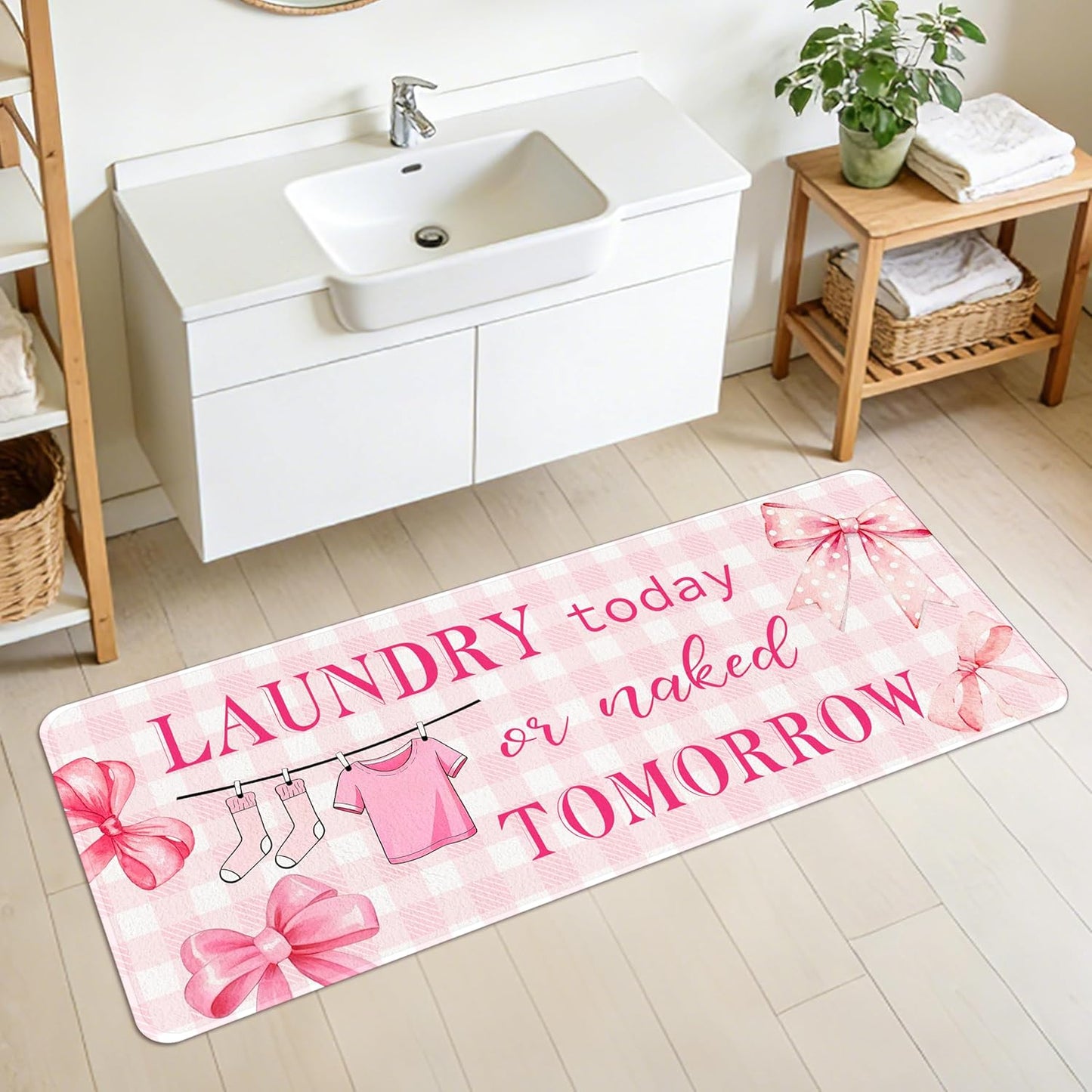 Washable Laundry Room Rug, 20"X47" Non Slip Laundry Mat Runner Soft Low-Pile Laundry Room Organization Farmhouse Decor Area Rug for Entryway Hallway Kitchen Bathroom Pink