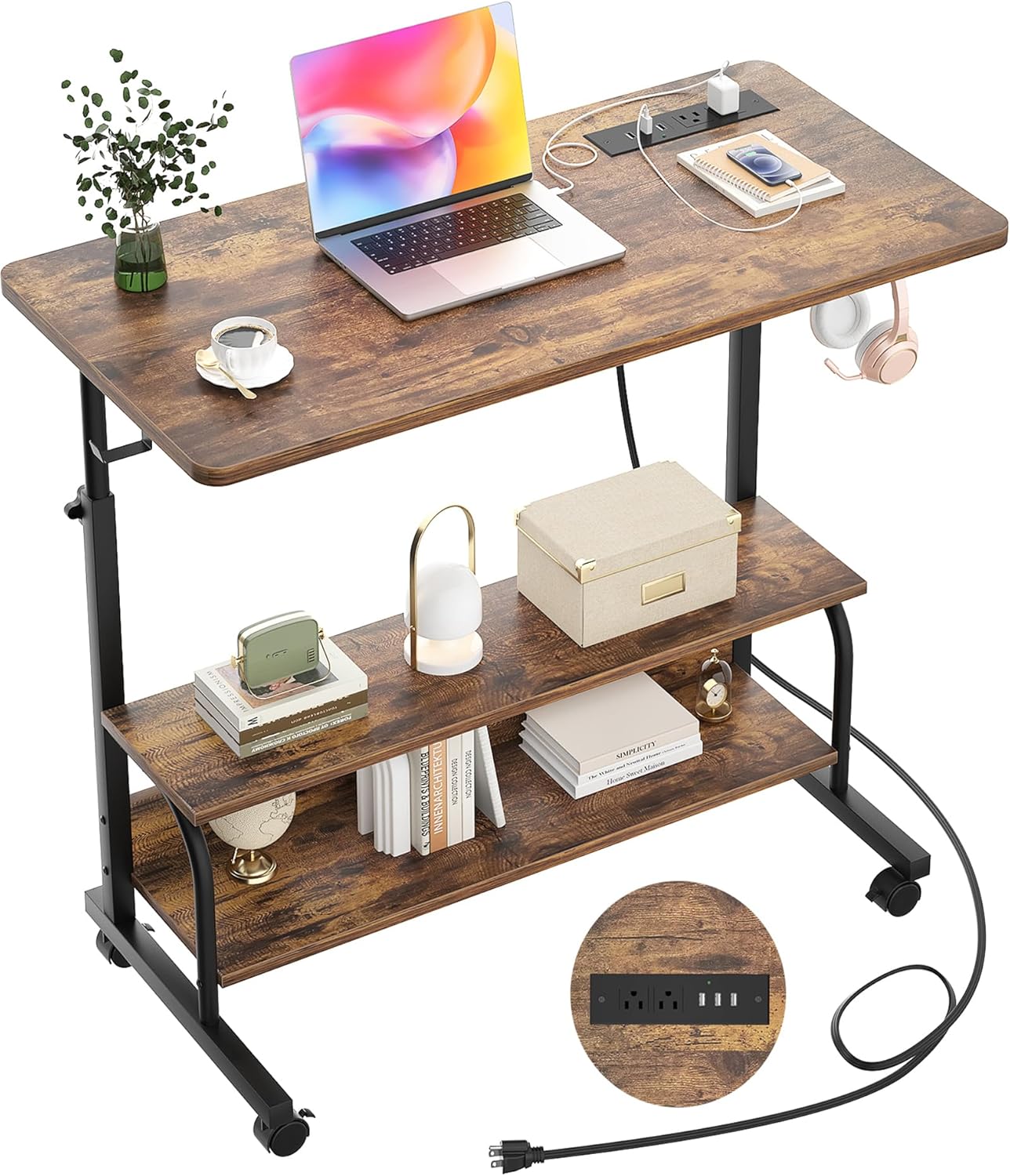 Armocity Rolling Standing Desk with Charging Station, Portable Height Adjustable Mobile Computer Desk with Wheels & 2-Tier Shelves & Hooks, Easy Assembly Laptop Table for Couch Bed, 32" Rustic Brown