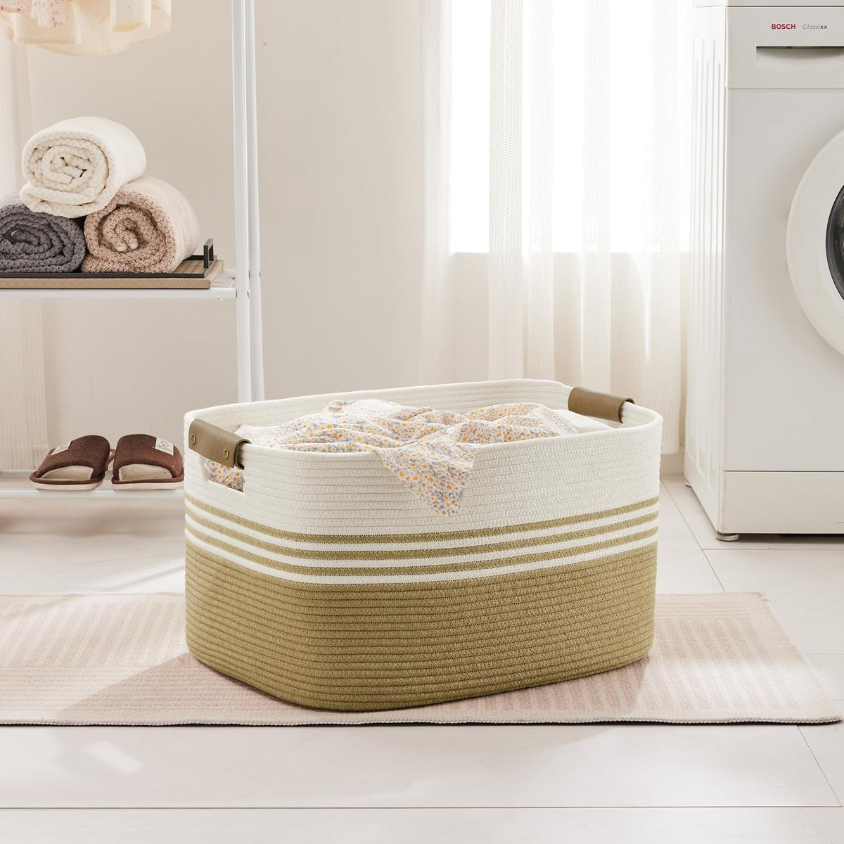 72L Large Woven Laundry Basket Hamper with Leather Handles,Khaki