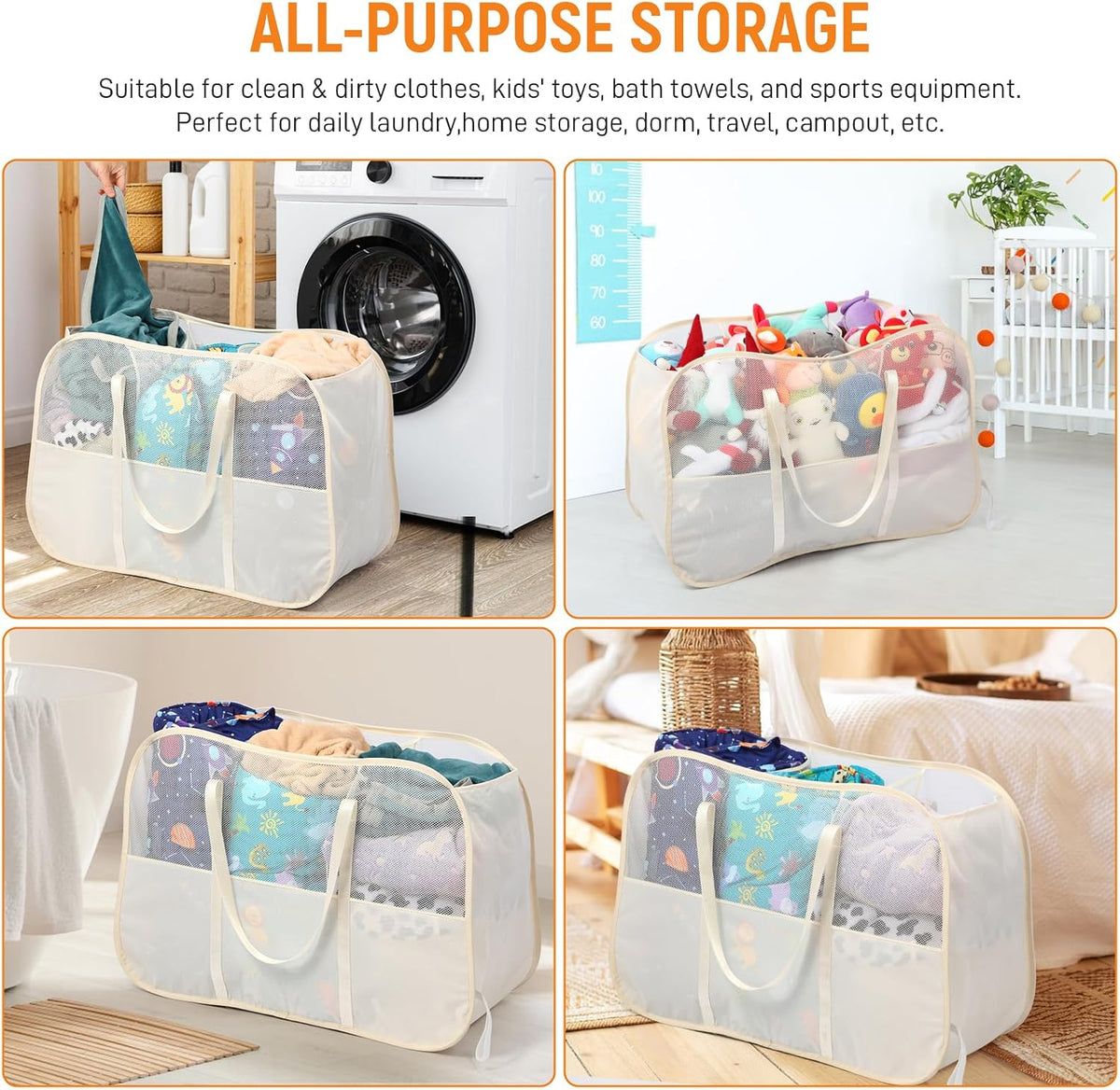 Collapsible Laundry Baskets with 3 Compartment, 150L Tear-proof Pop Up Hamper, Foldable Laundry Basket with Tote Handles, Dirty Clothes Hamper for Laundry, Bedroom, Bathroom, Dorm Beige
