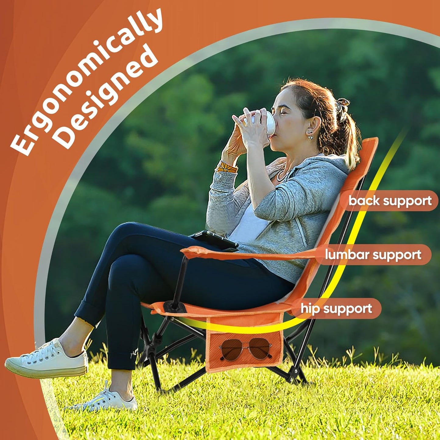 HaSteeL Folding Beach Chair Set of 2, Foldable Orange Camping Chairs for Outside, Low Beach Chair Portable for Adults Fishing, Picnic, Outdoor BBQ, Travel, Sports, Cup Holder & Storage Bag