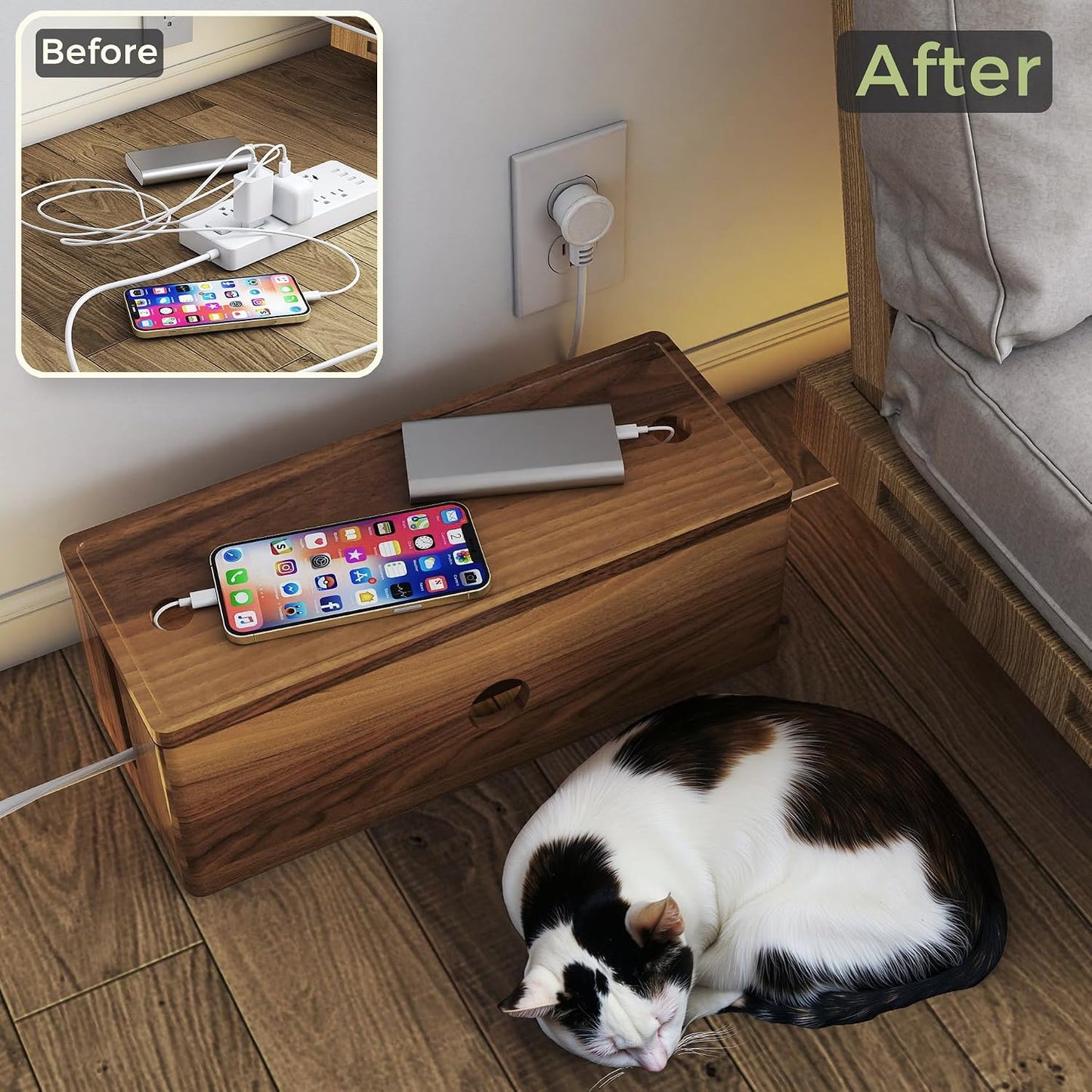 Large Cable Management Box Acacia Wood Cord Organizer Power Strip & Cables | Acacia Wood Cable Hider; Large Electrical Cord Storage; Hide TV Wires & Power Strips; Rustic Style; Home Office & Living Room