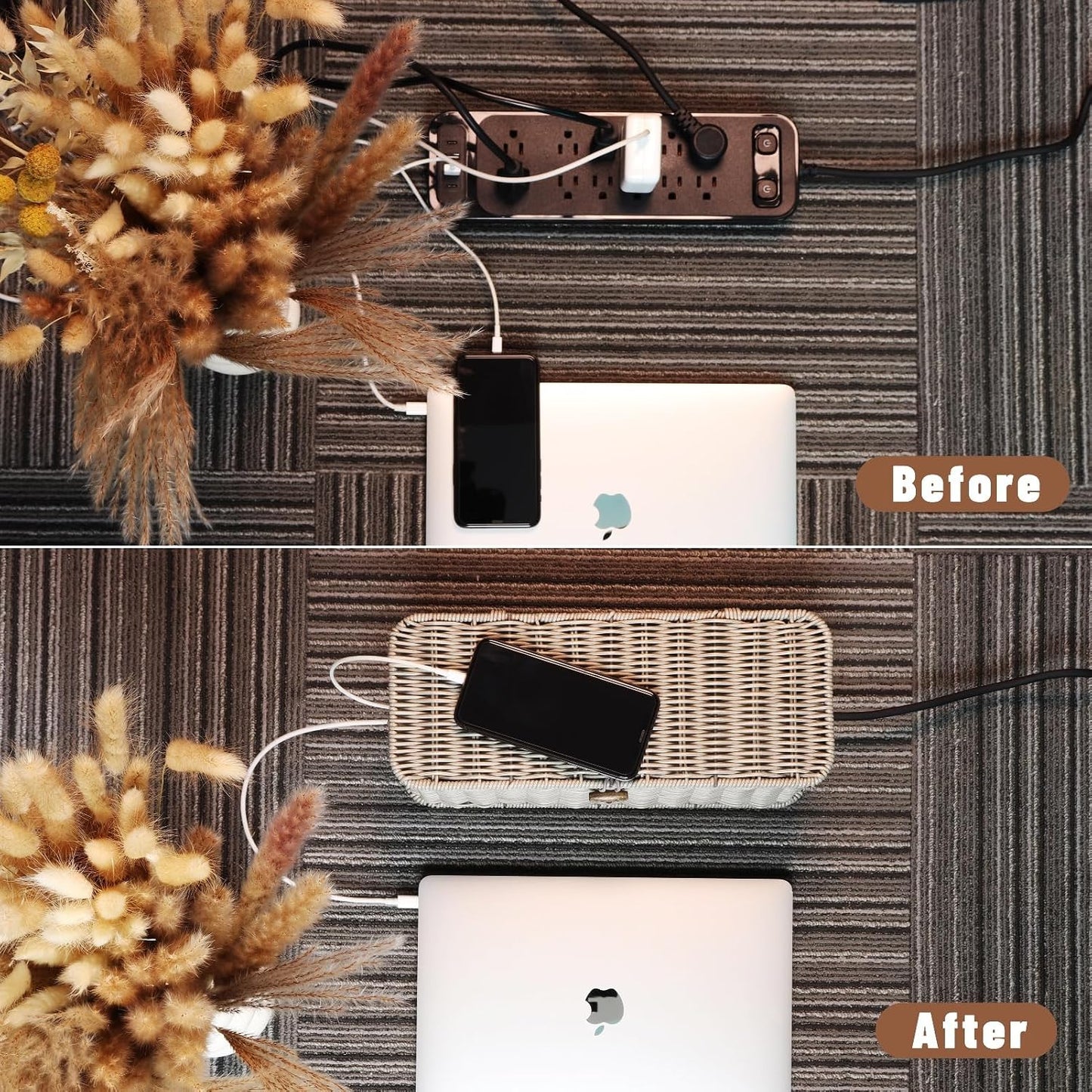 Cable Management Box, Cord Organizer with Lid & Cable Ties - Gray, M | Handmade Open Slots Cord Hider Outlet Covers for Power Strip TV PC Router Charger Under Desk Storage