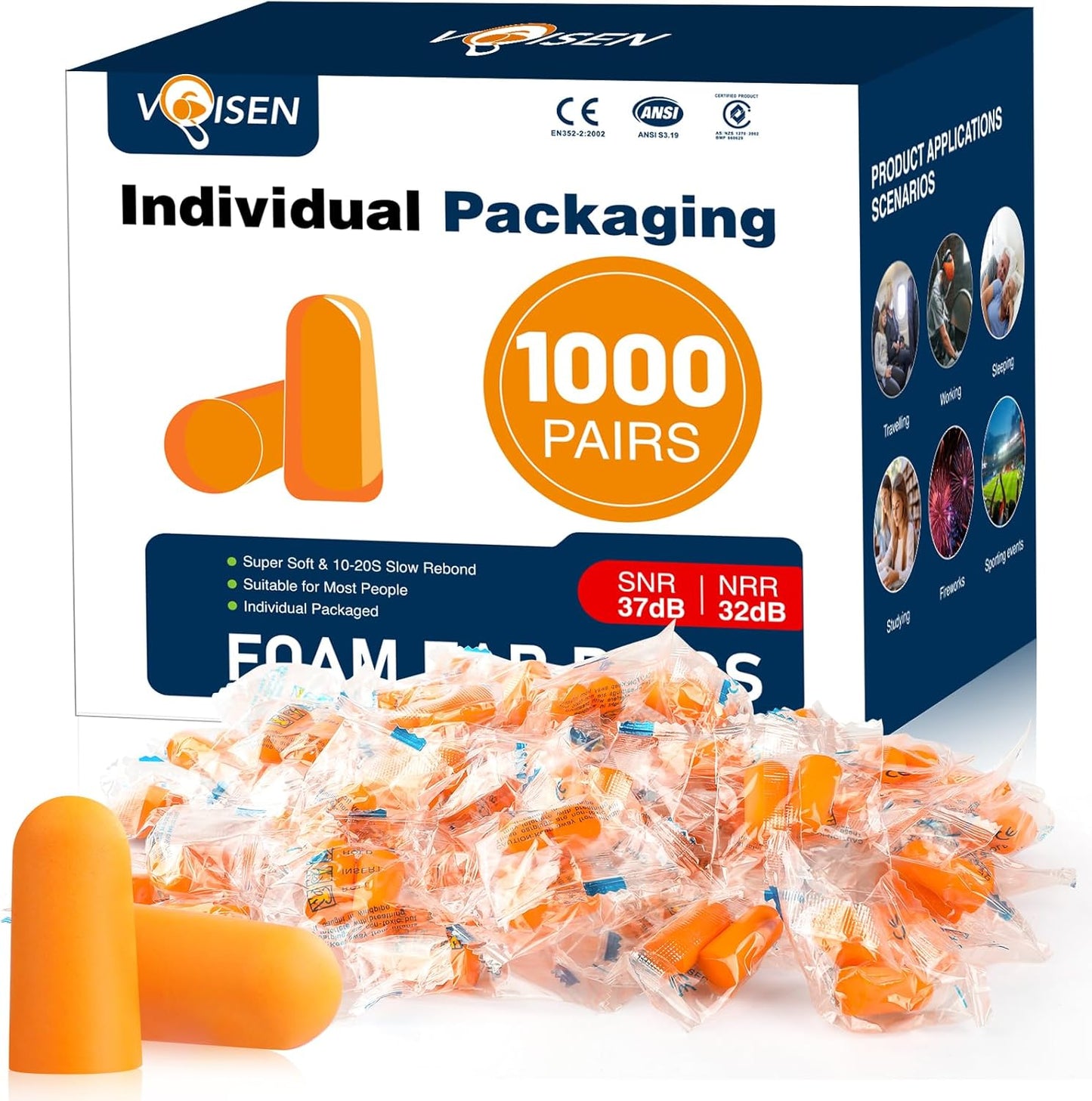 VOISEN Ear Plug,1000 Pairs Ear Plugs for Sleeping,32dB NRR 37dB SNR Ear Plugs Noise Cancelling for Snoring, Studying, Loud Events, Traveling & Concerts, Individual Package
