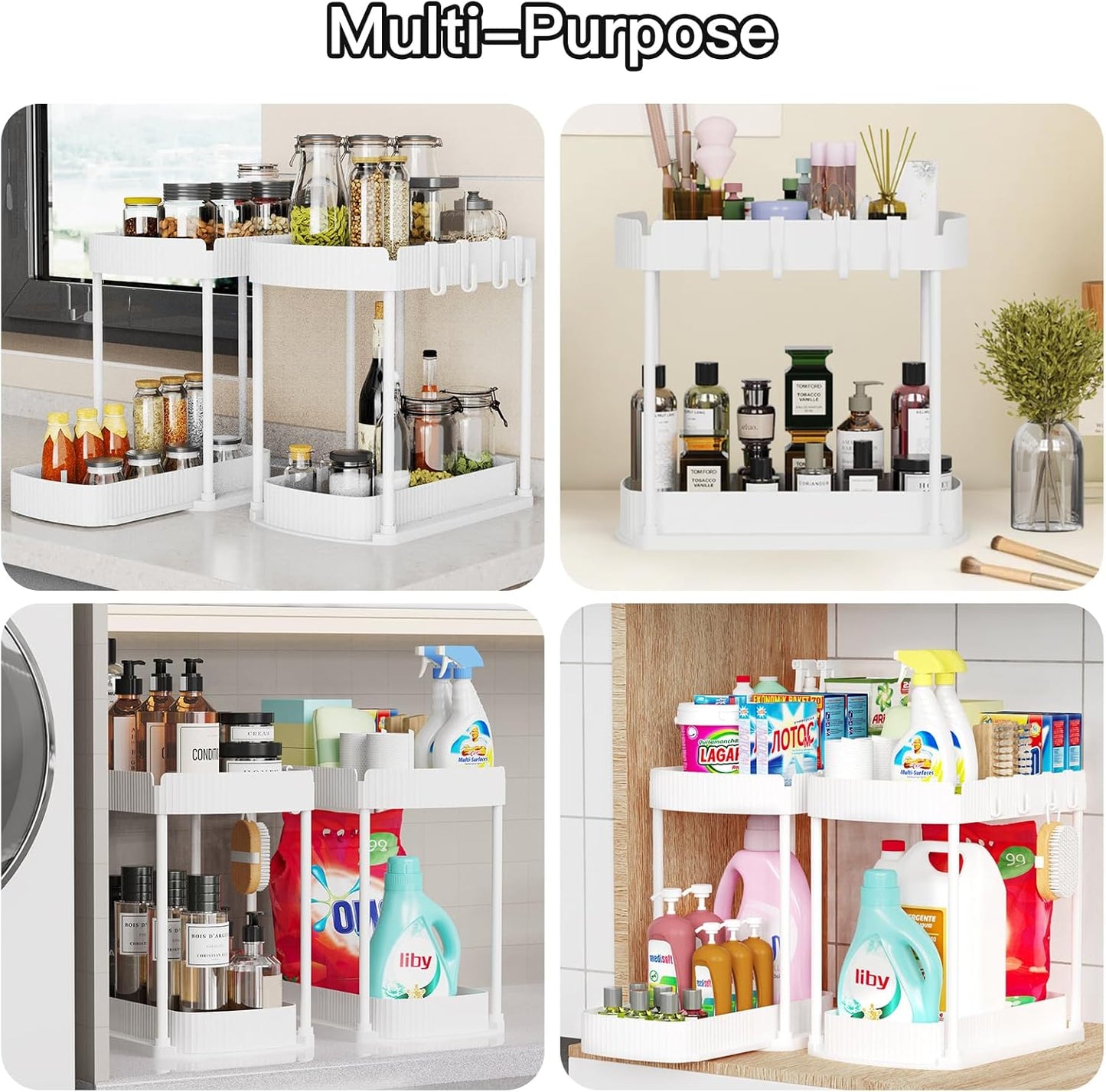 Ukeetap 2 Pack Multi-Purpose Pull-Out Storage Organizers, Under Sink & Cabinet Storage, 12.8 Inch, White