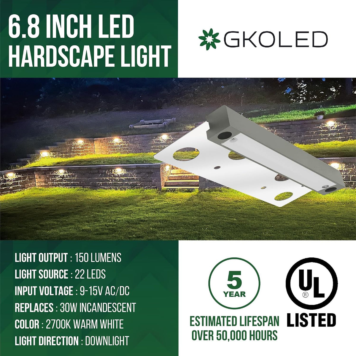 GKOLED 20-Pack 6.8 Inches Low Voltage Hardscape Light with Frosted Lens, 12V AC/DC Retaining Wall Lighting, 4W 2700K Paver Wall Lights, Outdoor Step Lights, Die-cast Aluminum Housing, Gray, UL Listed