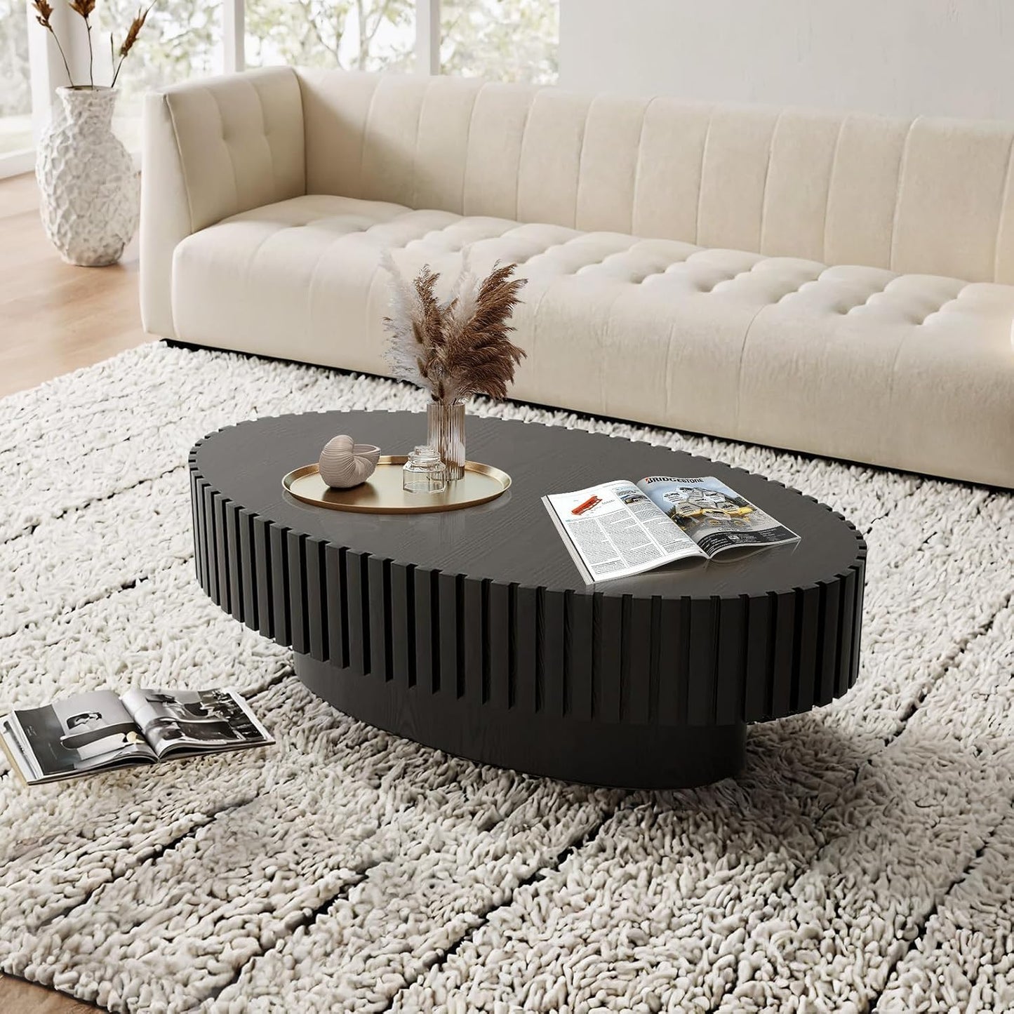 Handcraft Fluted Coffee Table with Sturdy Pedestal (Oval Black 43.3in) | 43.3" Oval Drum Center Tables | for Living Room Apartment Farmhouse | Easy to Assembly