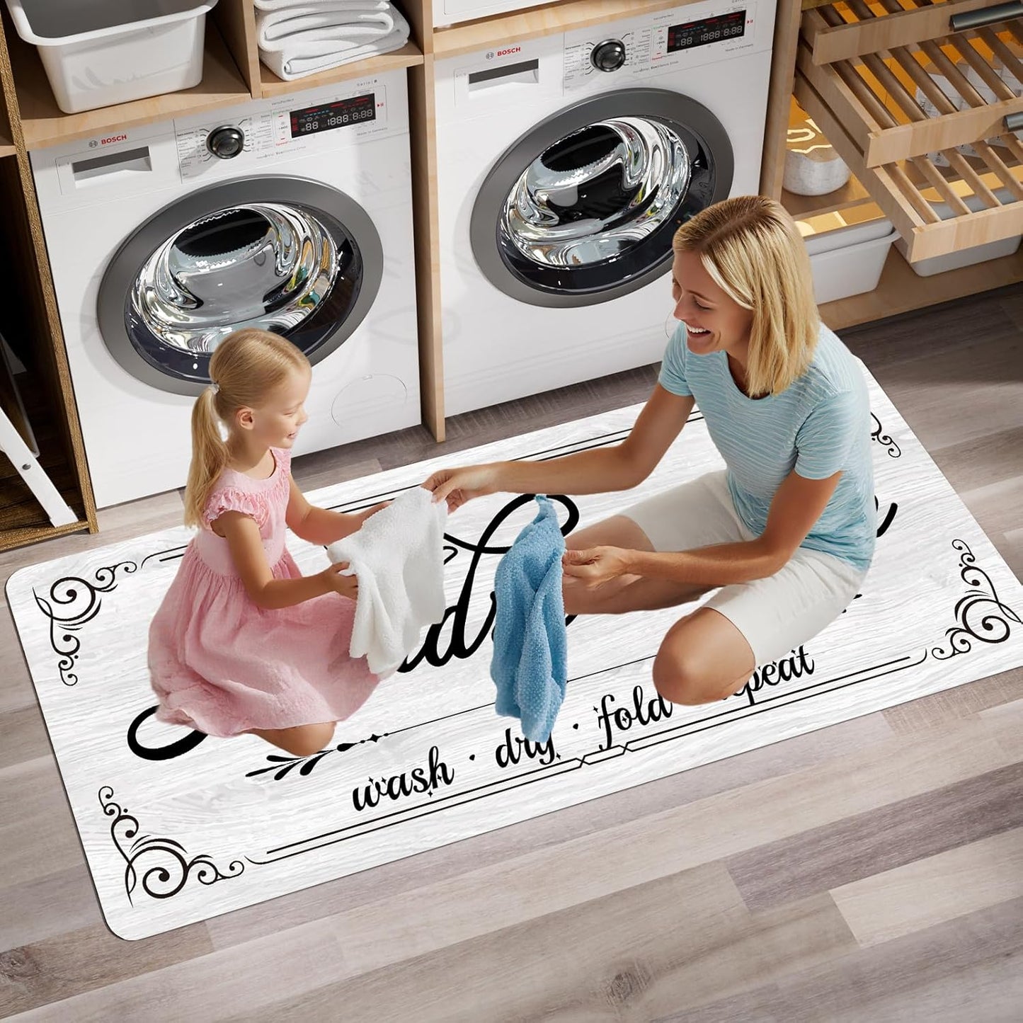 Non-Slip Laundry Room Rug Runner 17.3"x47.2" Washable White Farmhouse Bathroom Mudroom Kitchen Mat for Entryway Washer and Dryer Carpet Decor Accessories