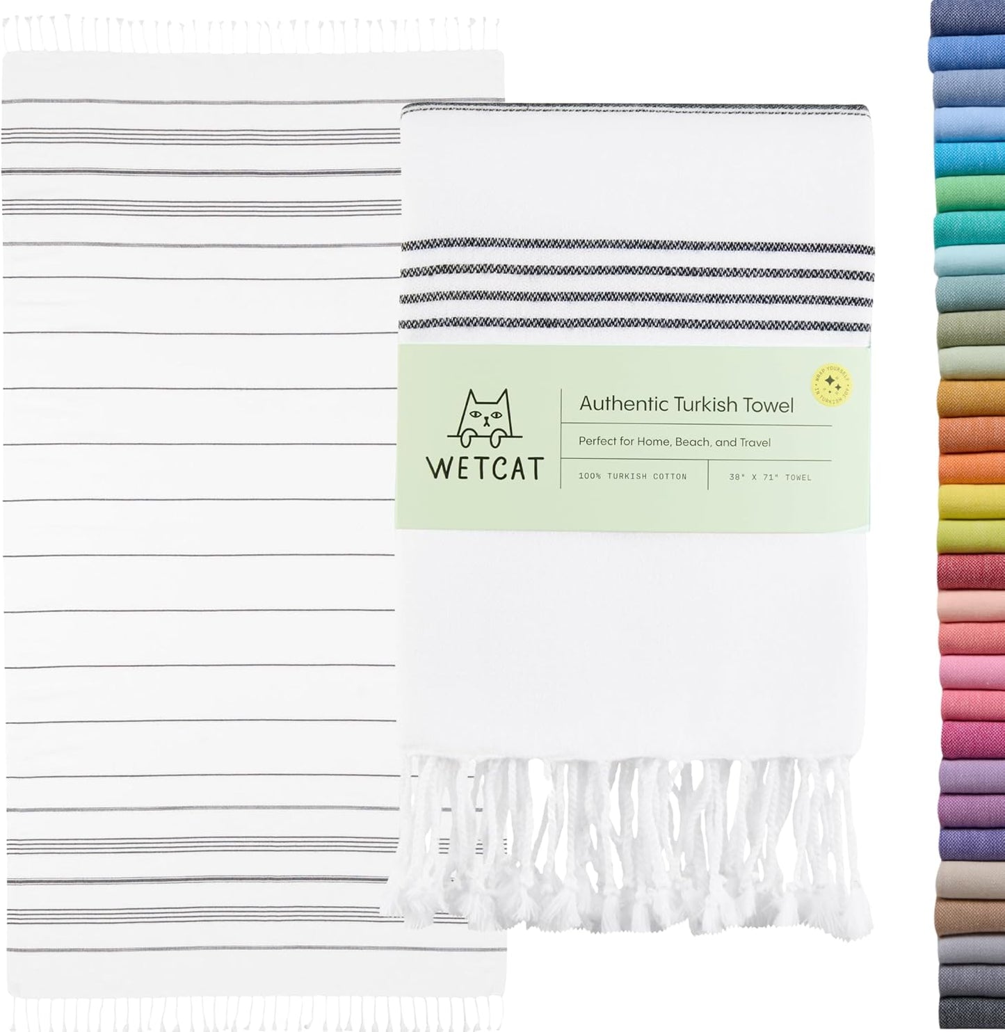 WETCAT Turkish Beach Towel Oversized (38"x71") 100% Turkish Cotton, Made in Turkey - Sand Free, Extra Large, Ultra Soft, Quick Drying, Compact & Lightweight for Travel - Black and White
